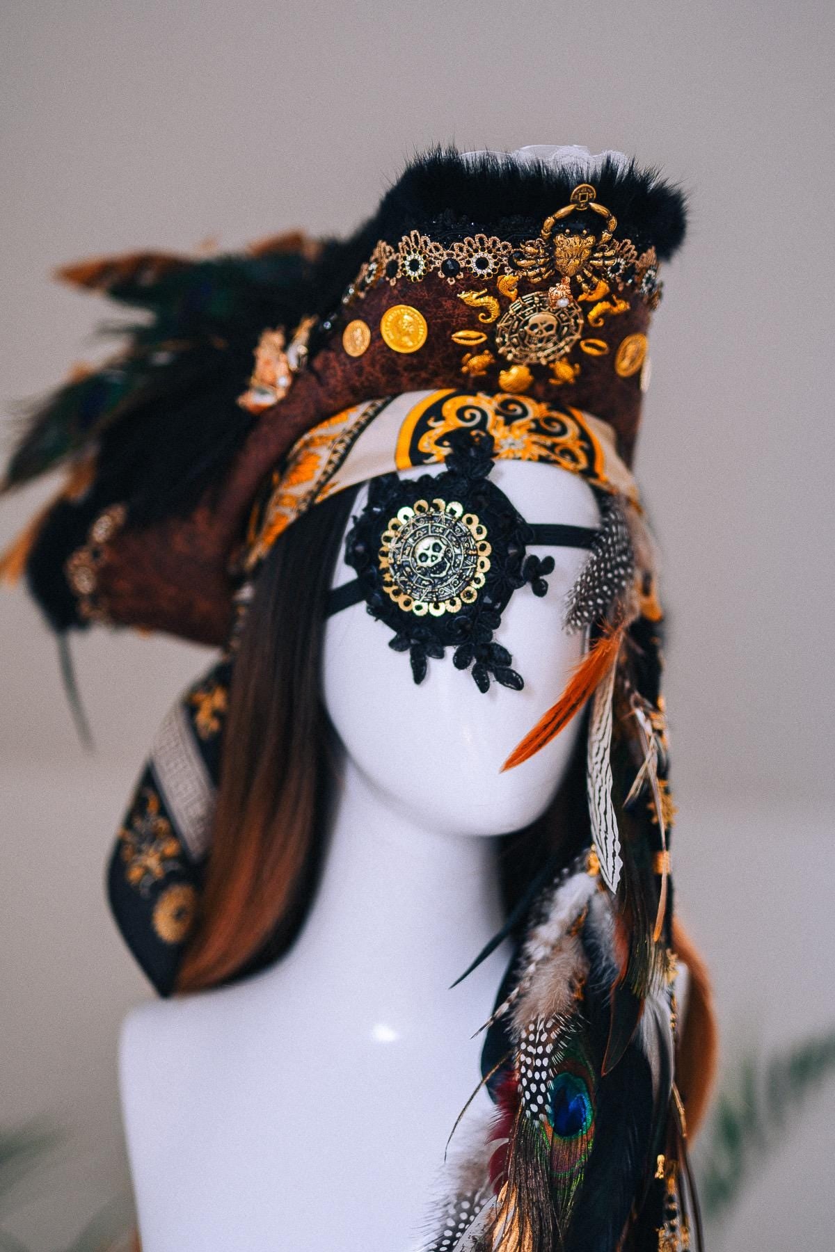 Pirate Tricorn Feather Hat Gothic Skull Costume Headpiece