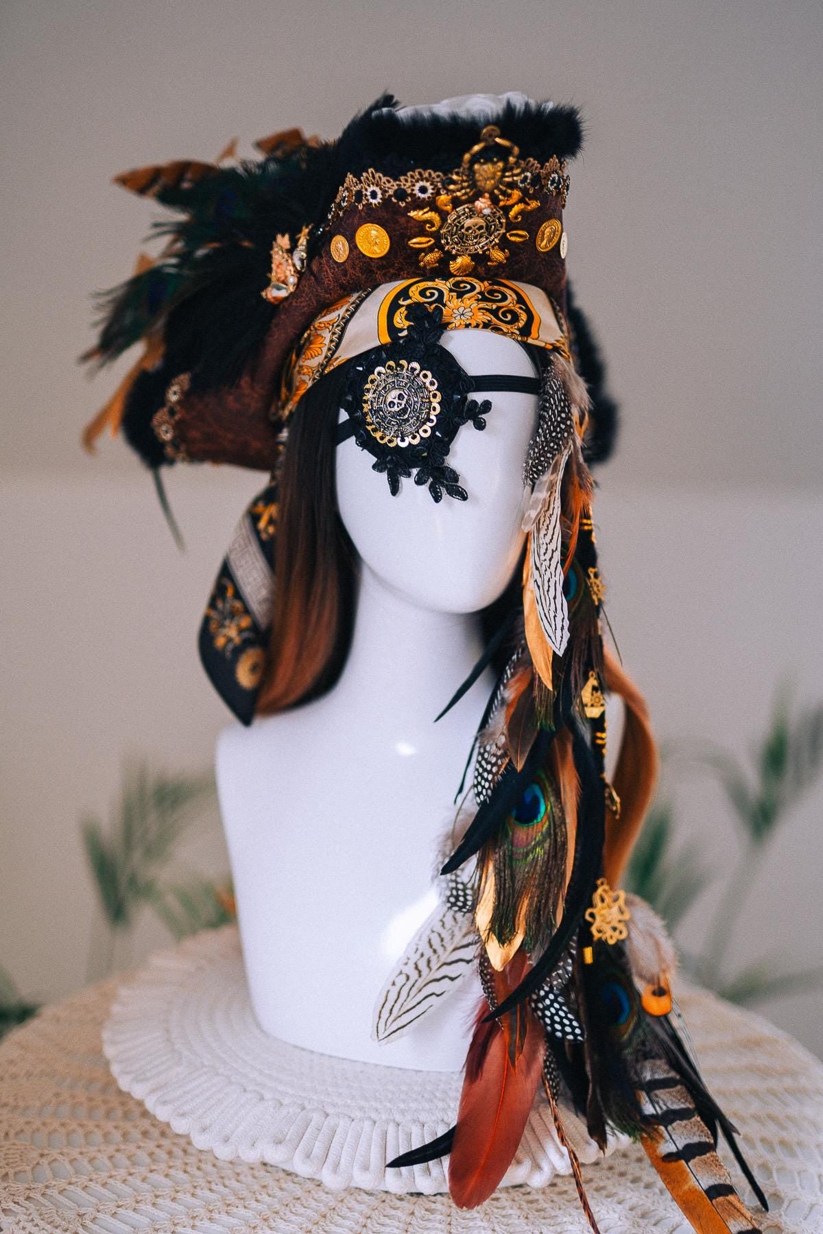 Pirate Tricorn Feather Hat Gothic Skull Costume Headpiece