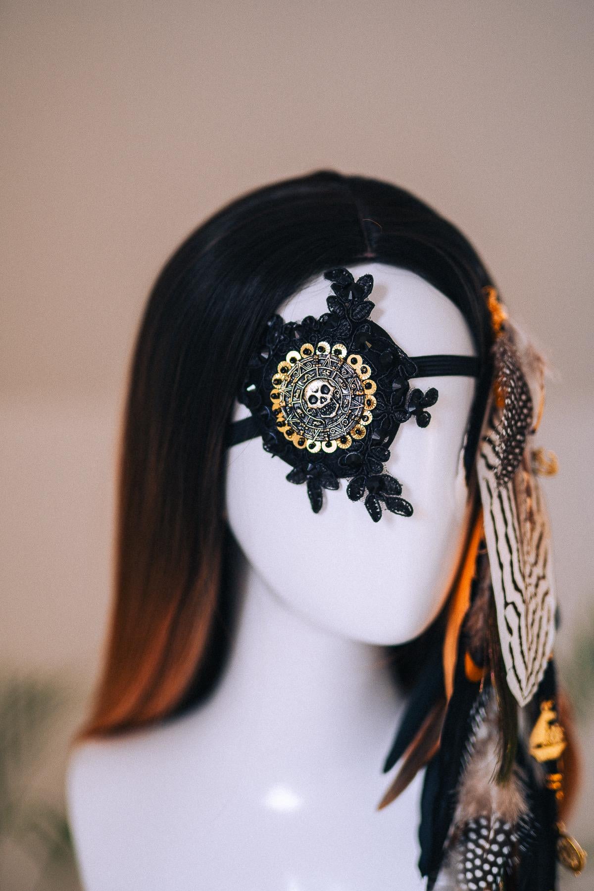 Pirate Tricorn Feather Hat Gothic Skull Costume Headpiece
