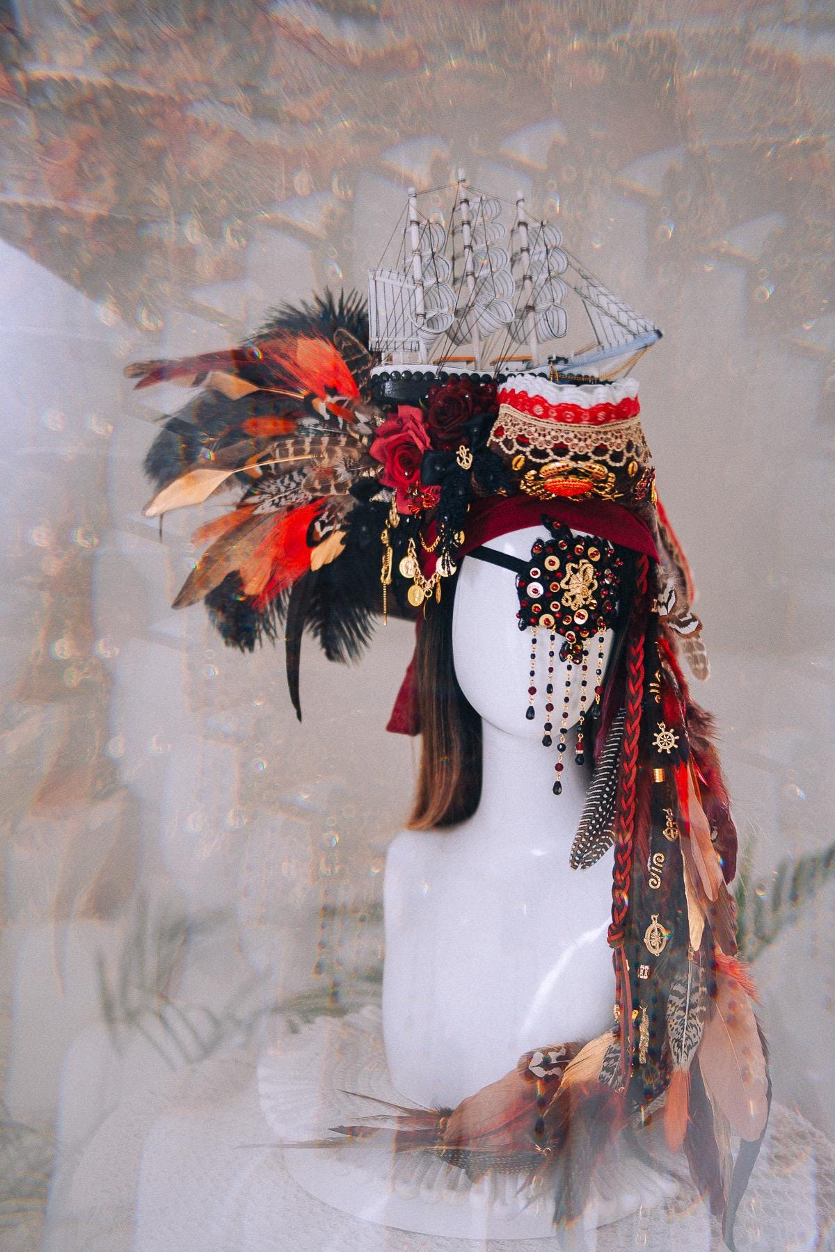 Pirate Feather Hair Clip Burgundy Nautical Costume Accessory