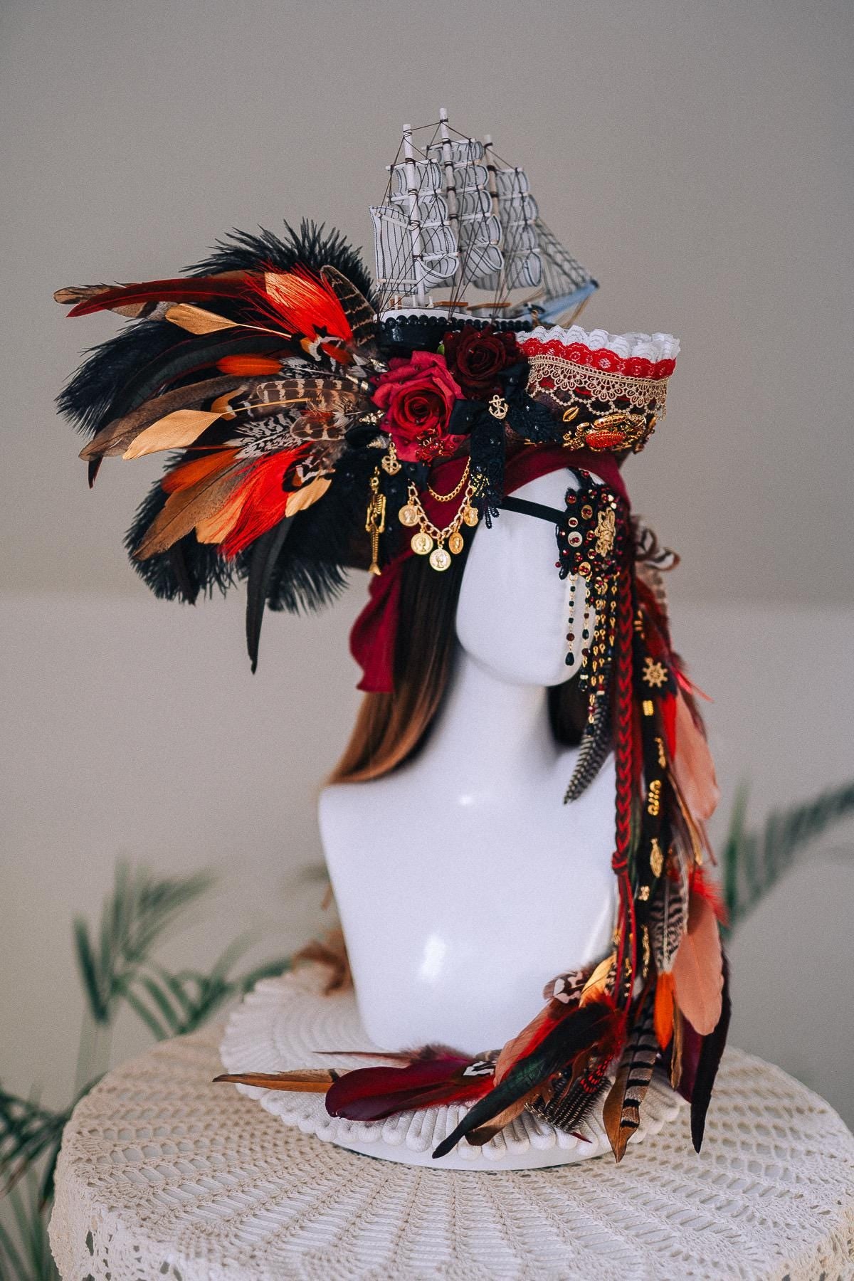 Pirate Feather Hat Red Burgundy Nautical Costume Headpiece