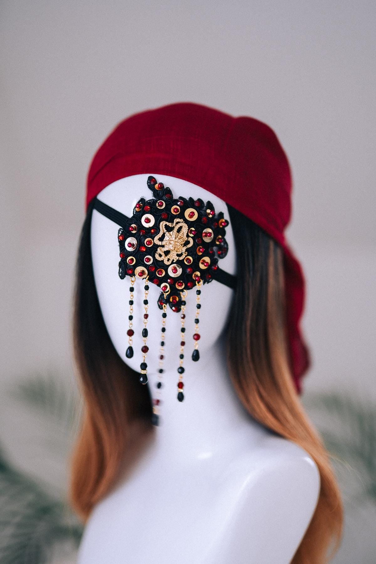 Pirate Beaded Eye Patch Burgundy Gothic Costume Accessory