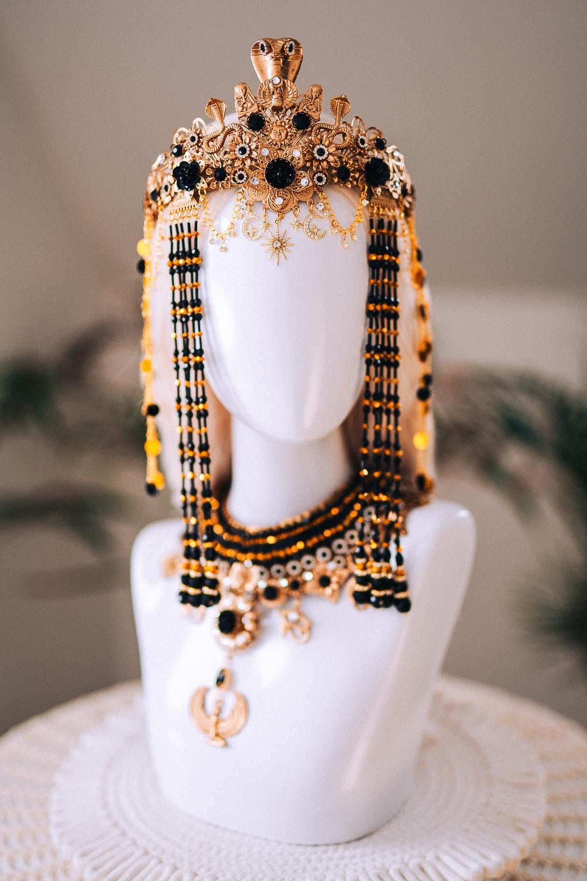 Cleopatra Night Sun Crown Black Gold Egyptian Goddess Cobra Headpiece