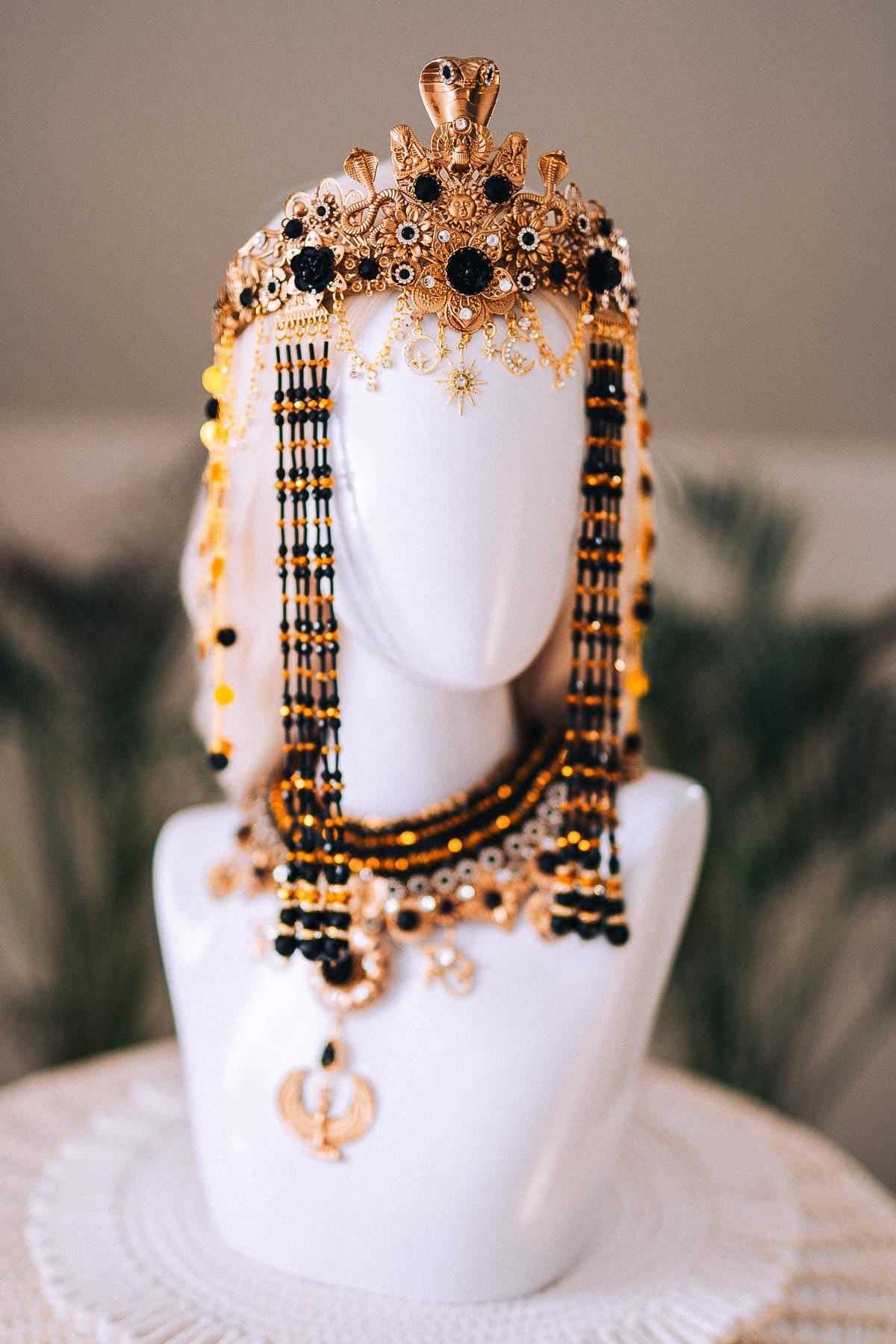 Cleopatra Night Sun Crown Black Gold Egyptian Goddess Cobra Headpiece