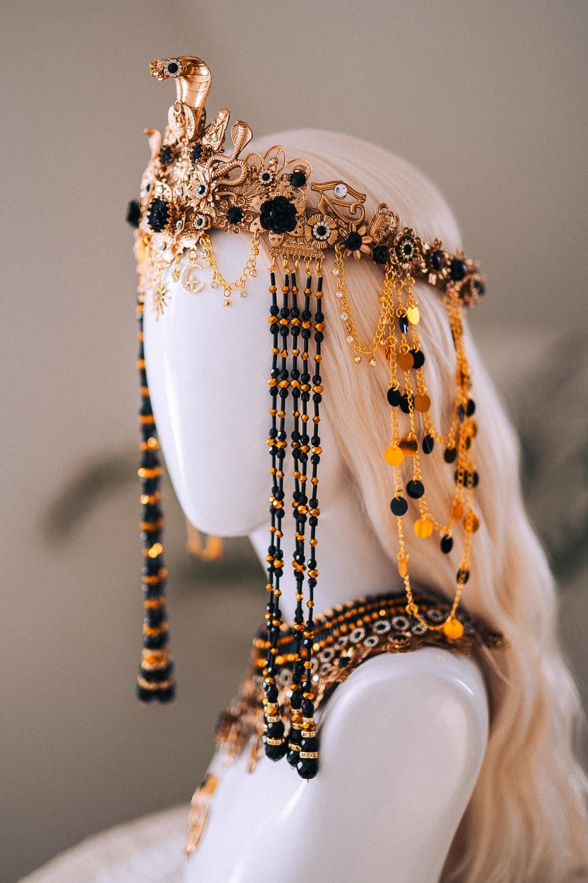 Cleopatra Night Sun Crown Black Gold Egyptian Goddess Cobra Headpiece