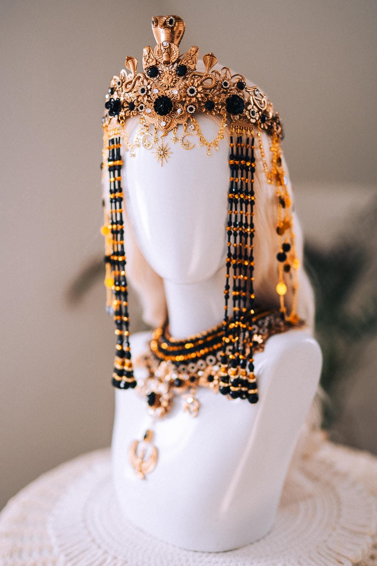 Cleopatra Night Sun Crown Black Gold Egyptian Goddess Cobra Headpiece