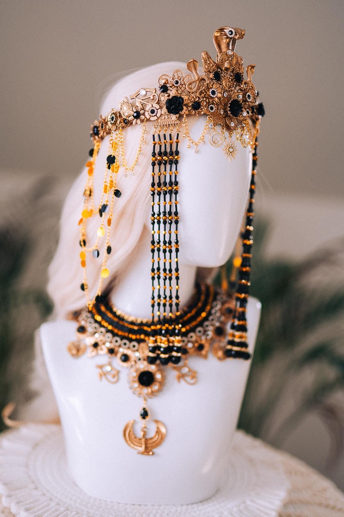 Cleopatra Night Sun Crown Black Gold Egyptian Goddess Cobra Headpiece