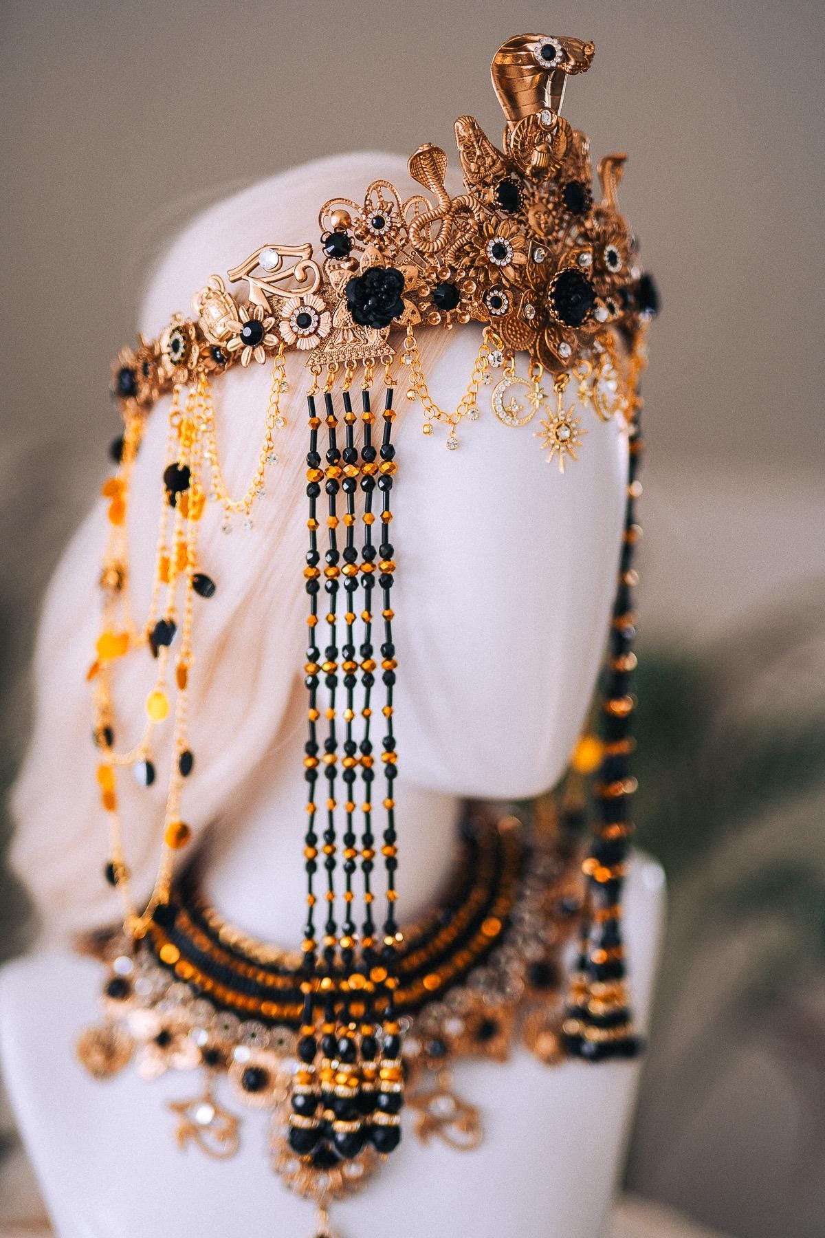 Cleopatra Night Sun Crown Black Gold Egyptian Goddess Cobra Headpiece