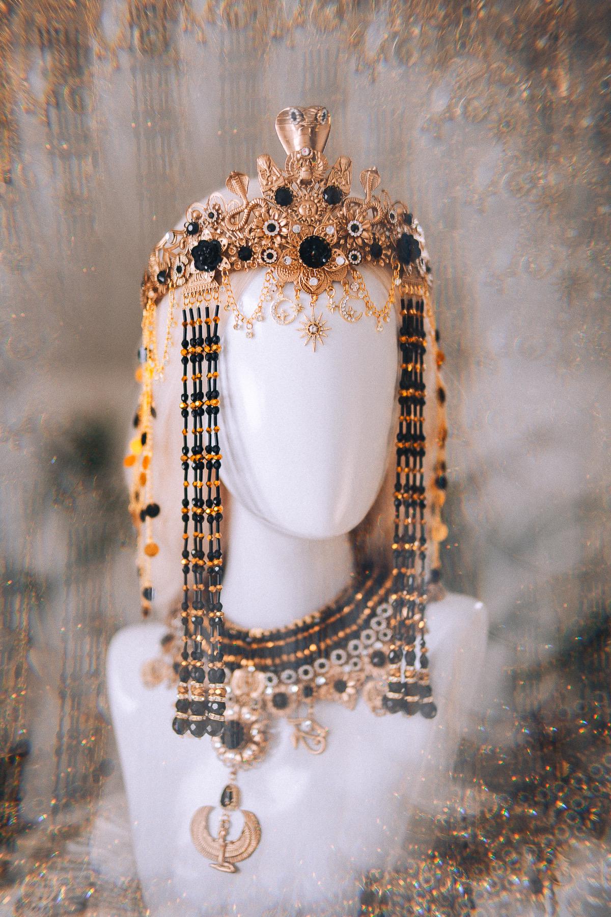 Cleopatra Night Sun Crown Black Gold Egyptian Goddess Cobra Headpiece