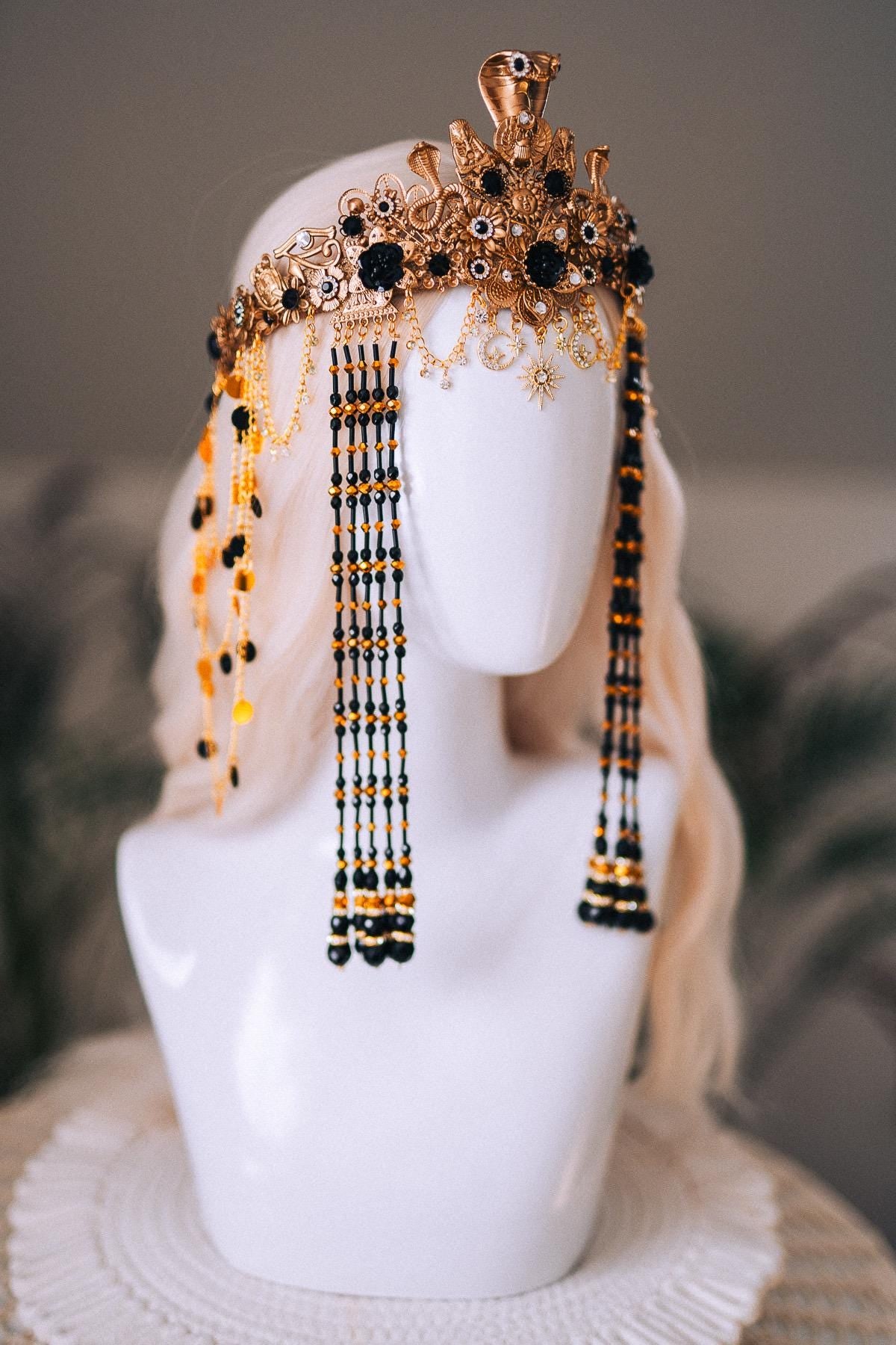 Cleopatra Night Sun Necklace Black Gold Egyptian Goddess Statement Jewelry