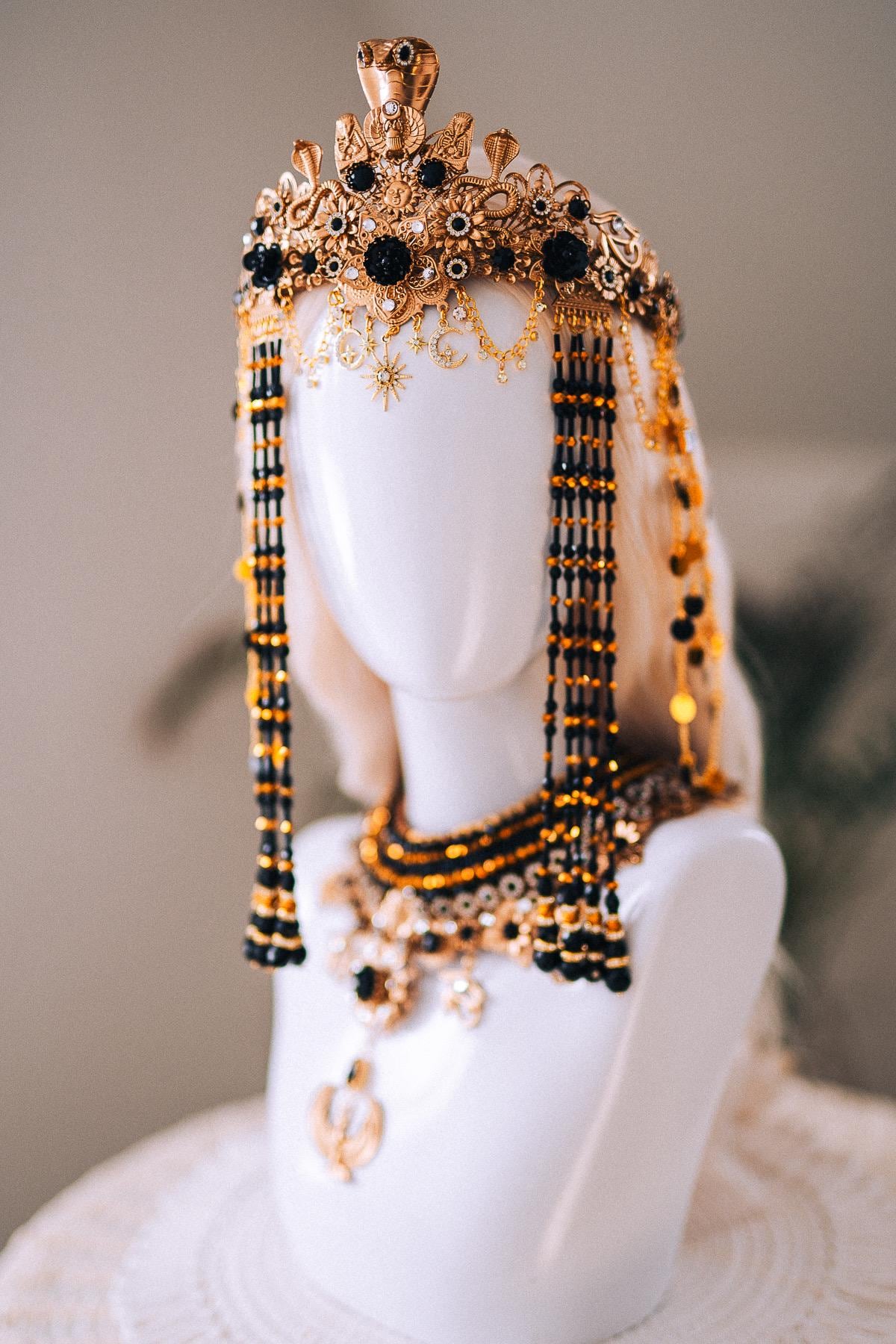 Cleopatra Night Sun Necklace Black Gold Egyptian Goddess Statement Jewelry