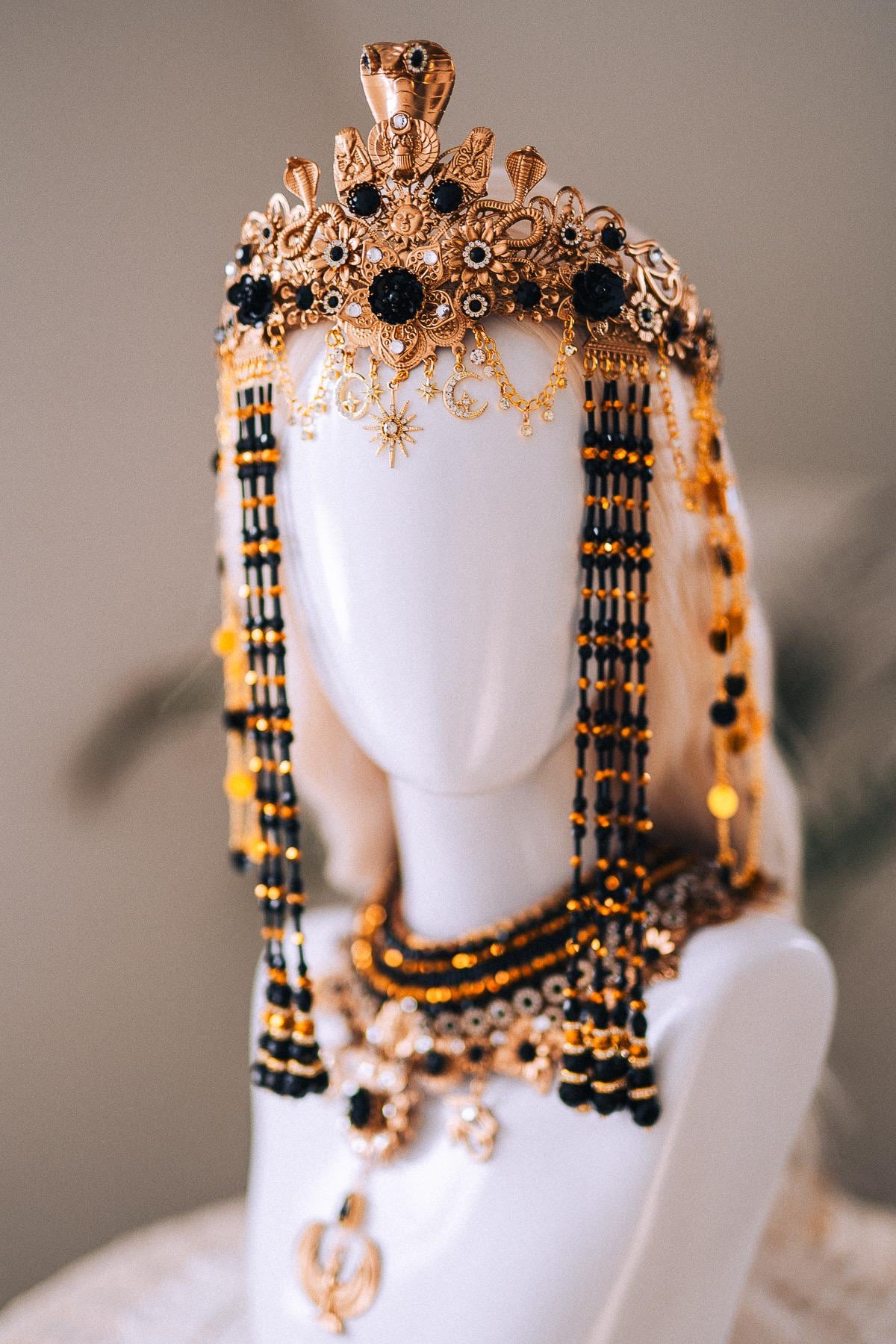 Cleopatra Night Sun Necklace Black Gold Egyptian Goddess Statement Jewelry