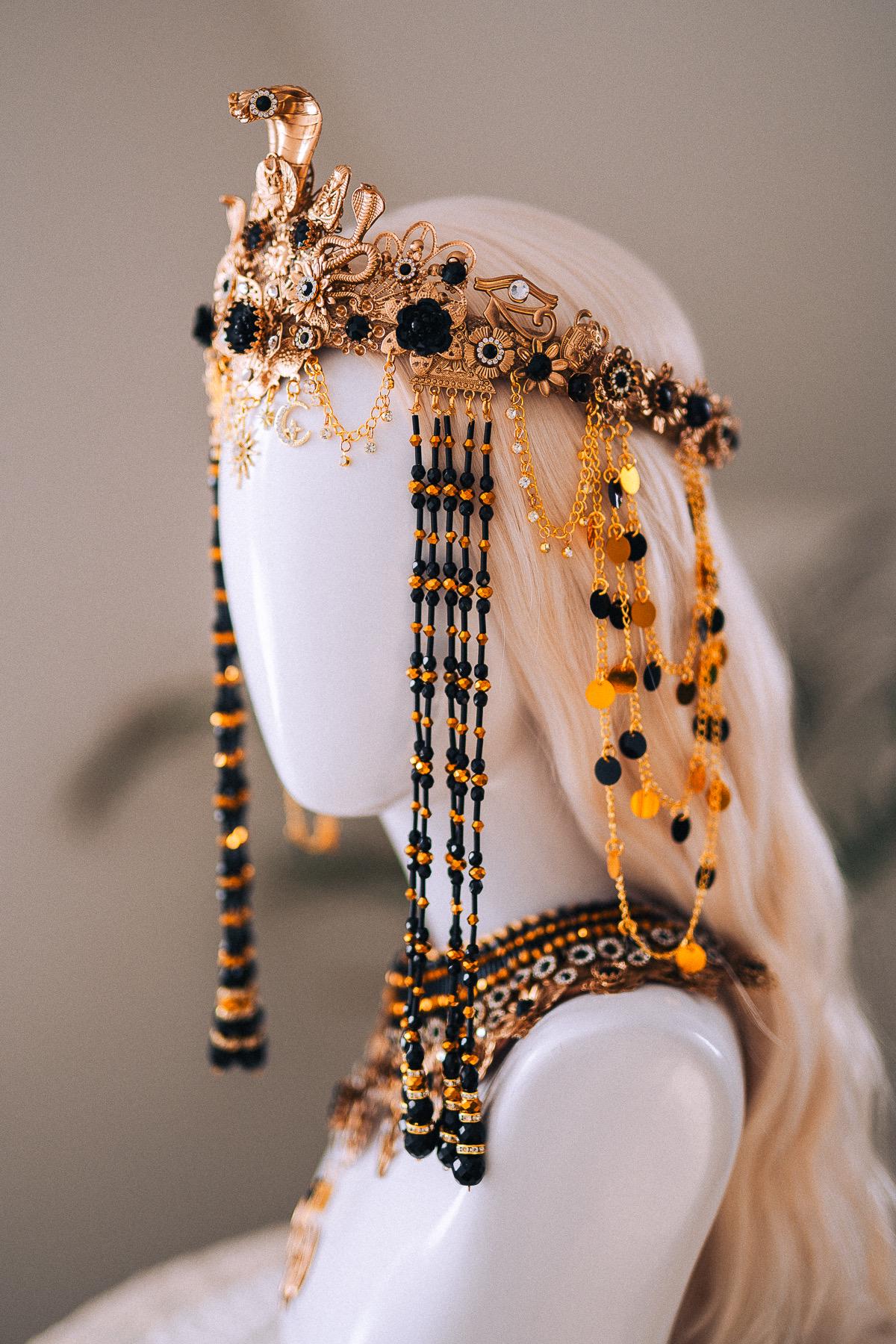 Cleopatra Night Sun Necklace Black Gold Egyptian Goddess Statement Jewelry