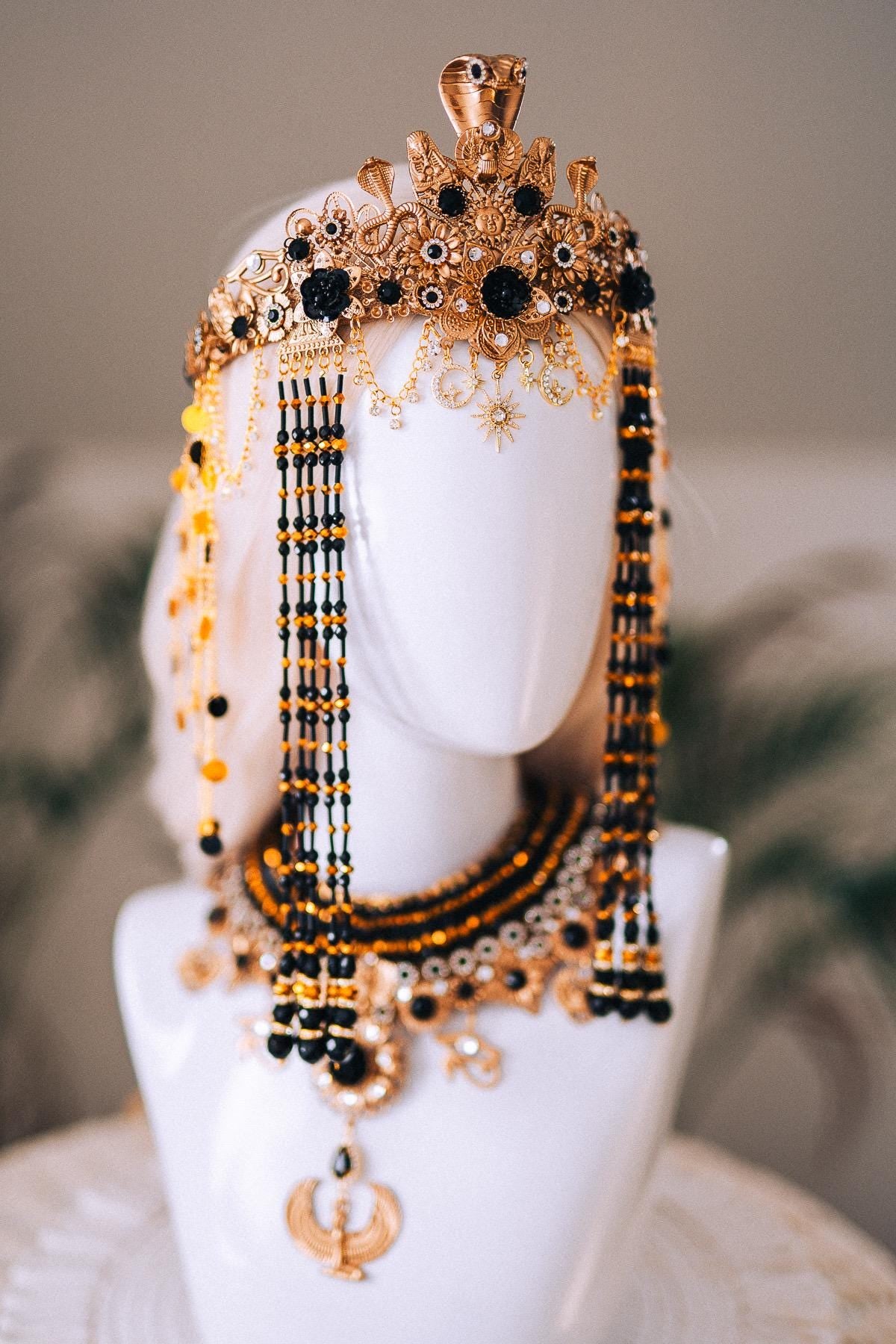 Cleopatra Night Sun Necklace Black Gold Egyptian Goddess Statement Jewelry