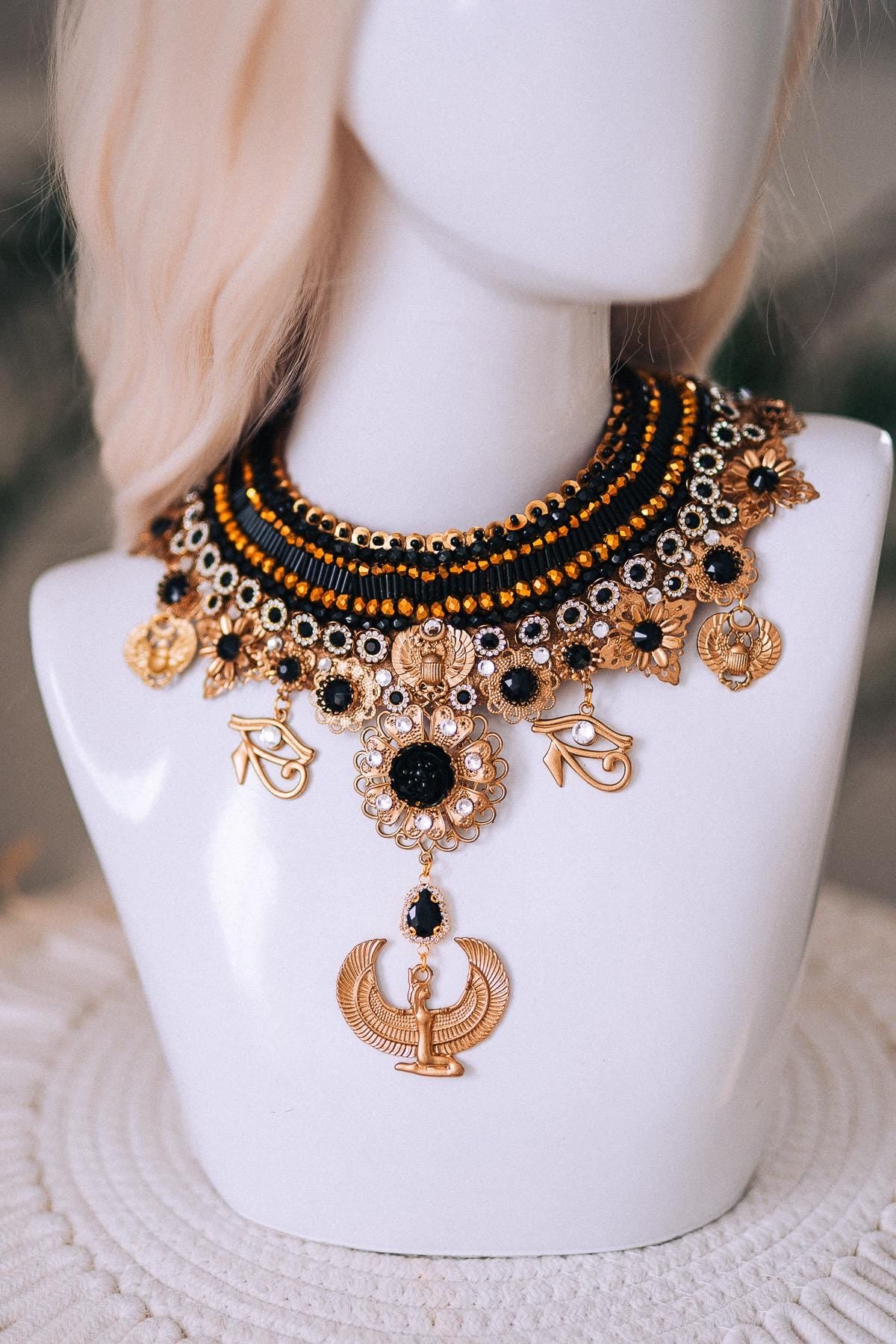 Cleopatra Night Sun Necklace Black Gold Egyptian Goddess Statement Jewelry