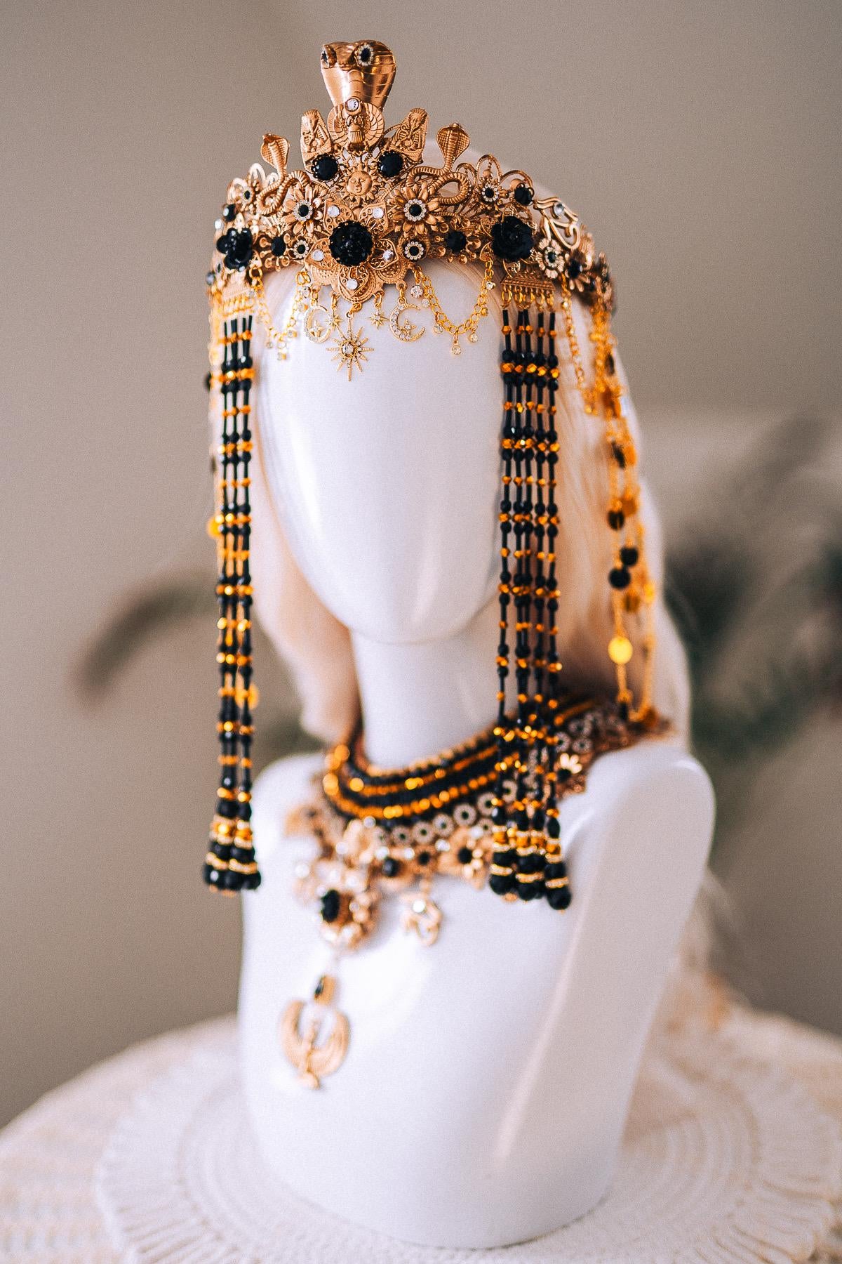 Cleopatra Night Sun Crown Black Gold Egyptian Goddess Cobra Headpiece