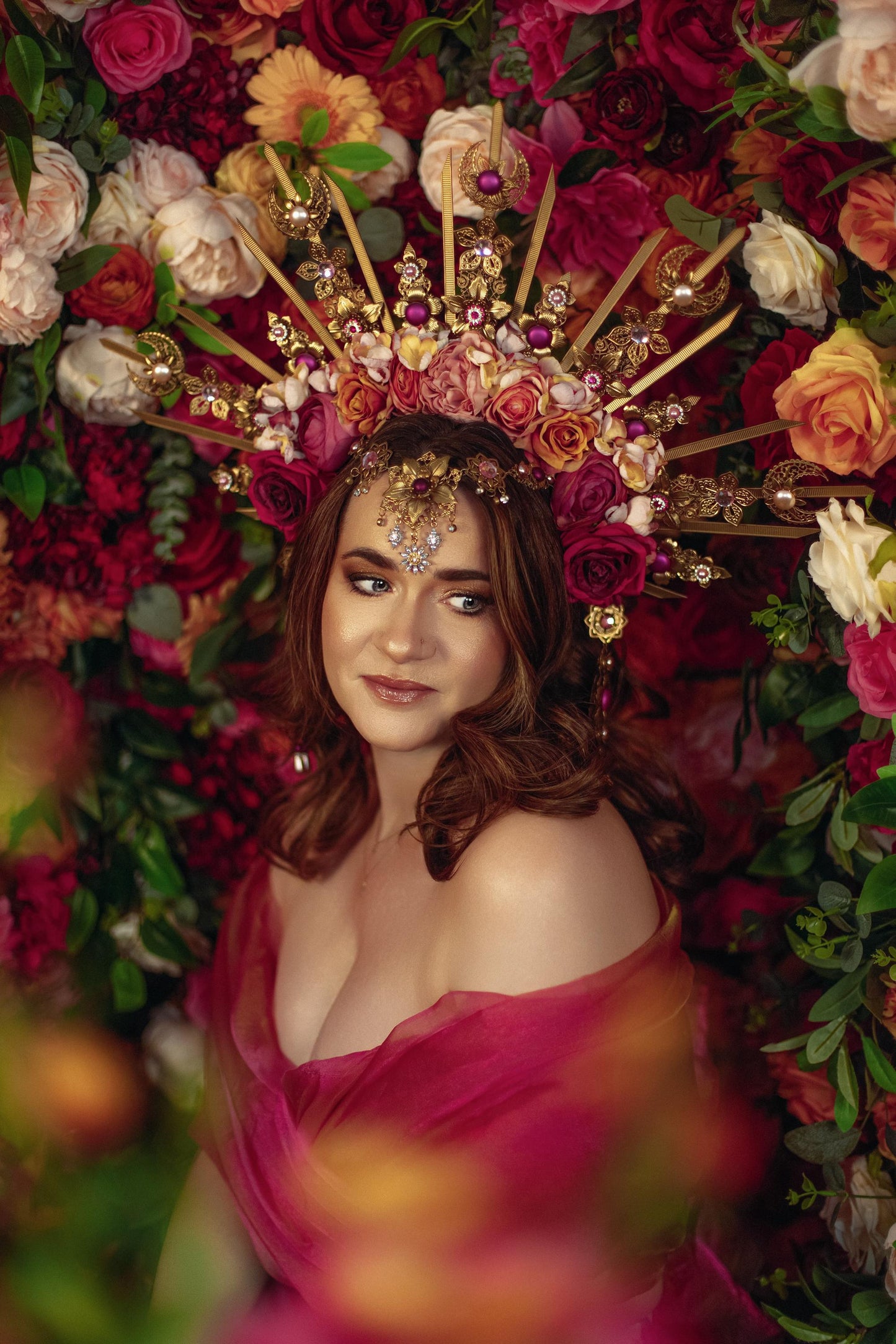 Floral Goddess Halo Crown Gold Pink Roses Celestial Headpiece