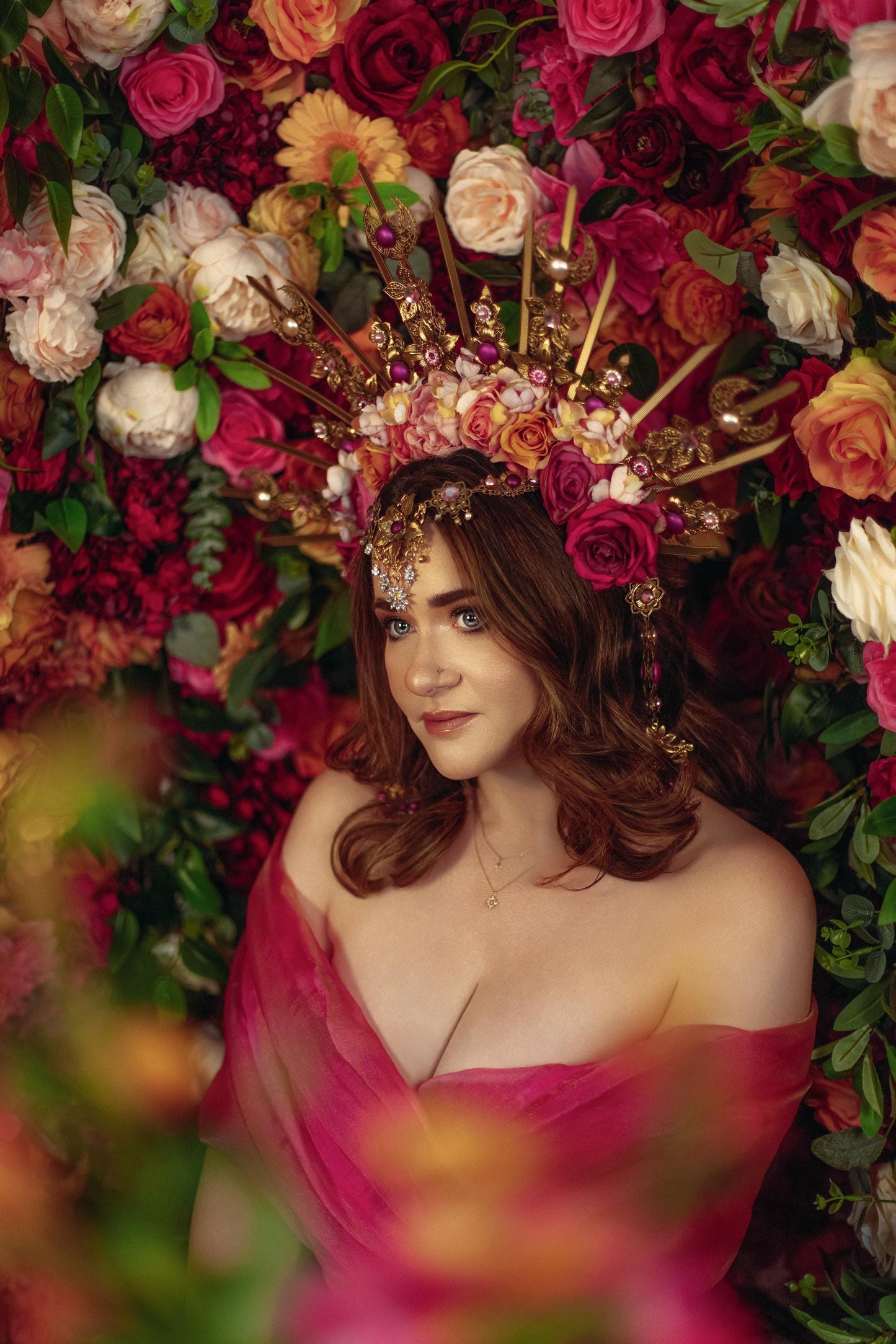 Floral Goddess Halo Crown Gold Pink Roses Celestial Headpiece