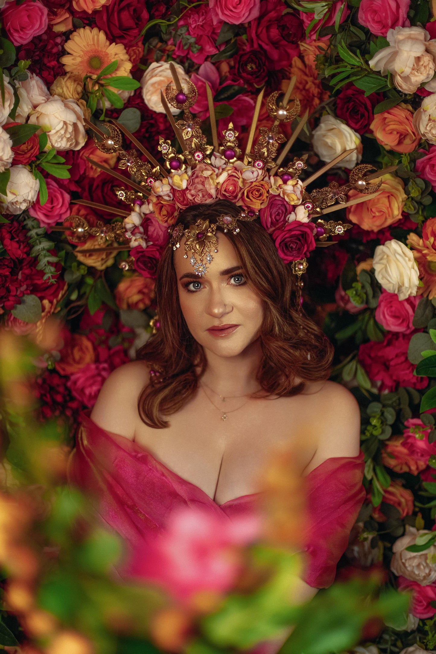 Floral Goddess Halo Crown Gold Pink Roses Celestial Headpiece