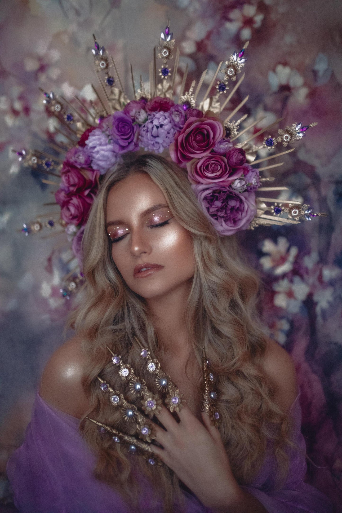 Purple Floral Halo Crown Goddess Maternity Photoshoot Headpiece