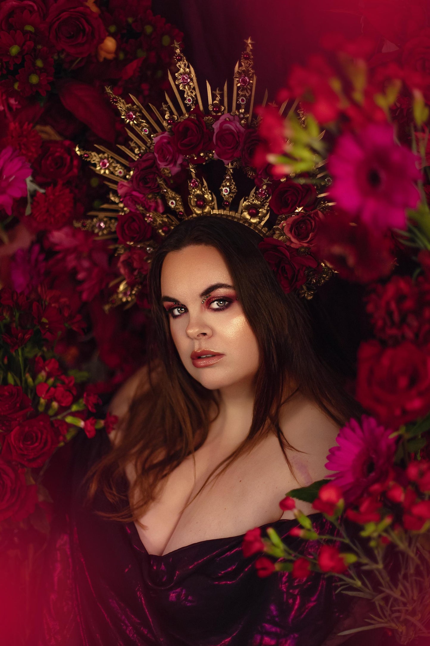 Crimson Rose Goddess Halo Crown Gold Floral Statement Headpiece