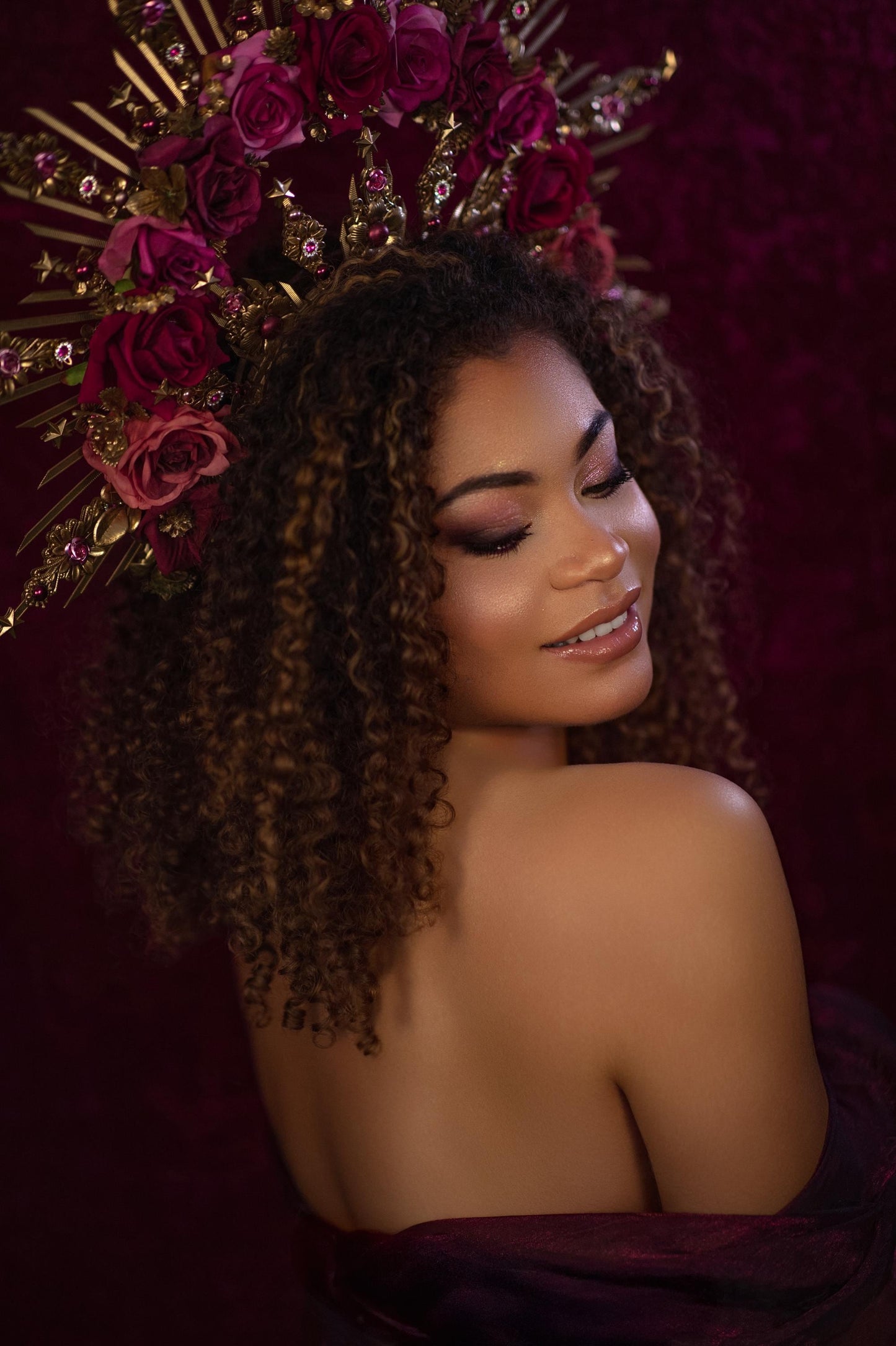 Crimson Rose Goddess Halo Crown Gold Floral Statement Headpiece