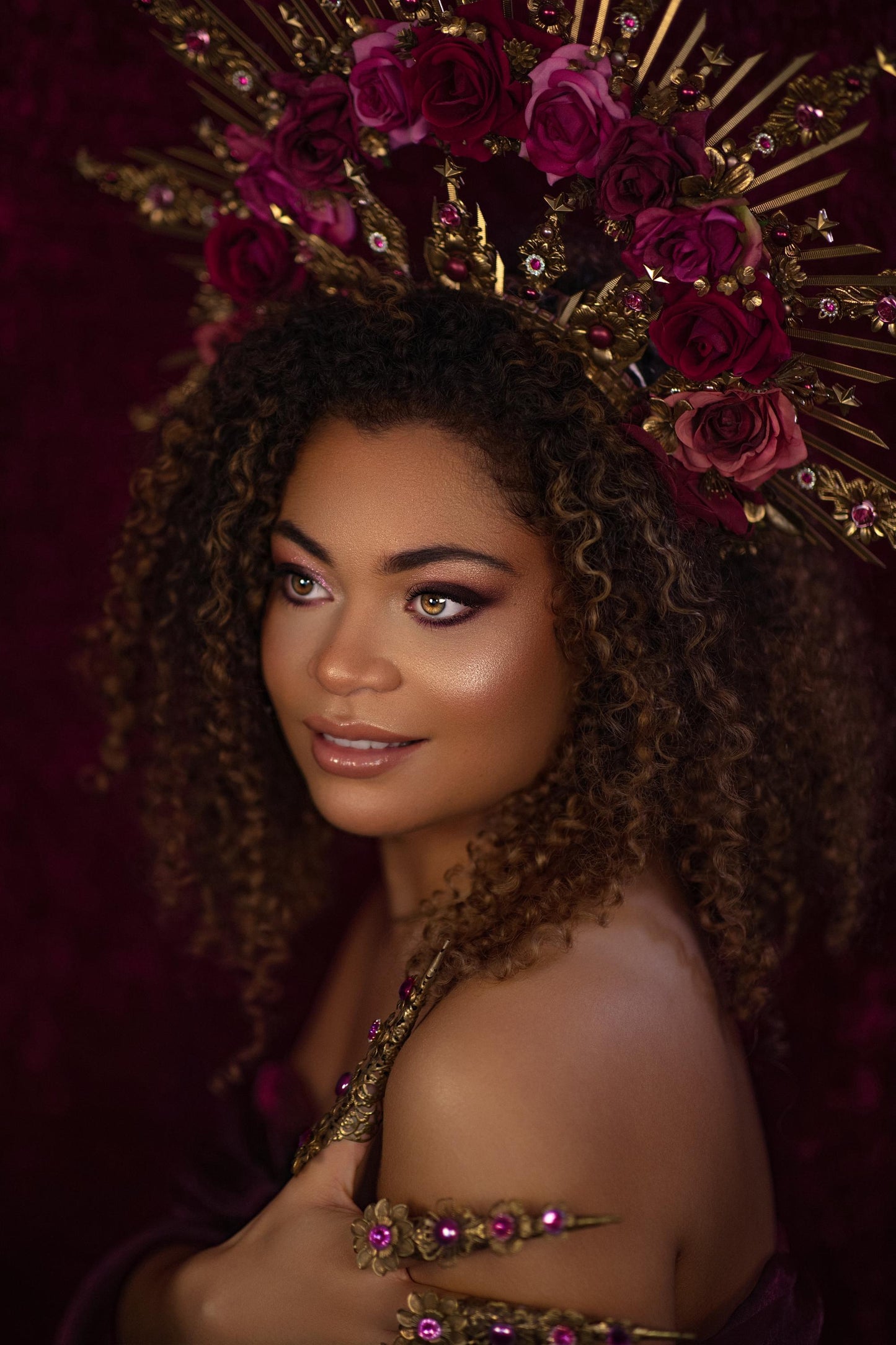 Crimson Rose Goddess Halo Crown Gold Floral Statement Headpiece