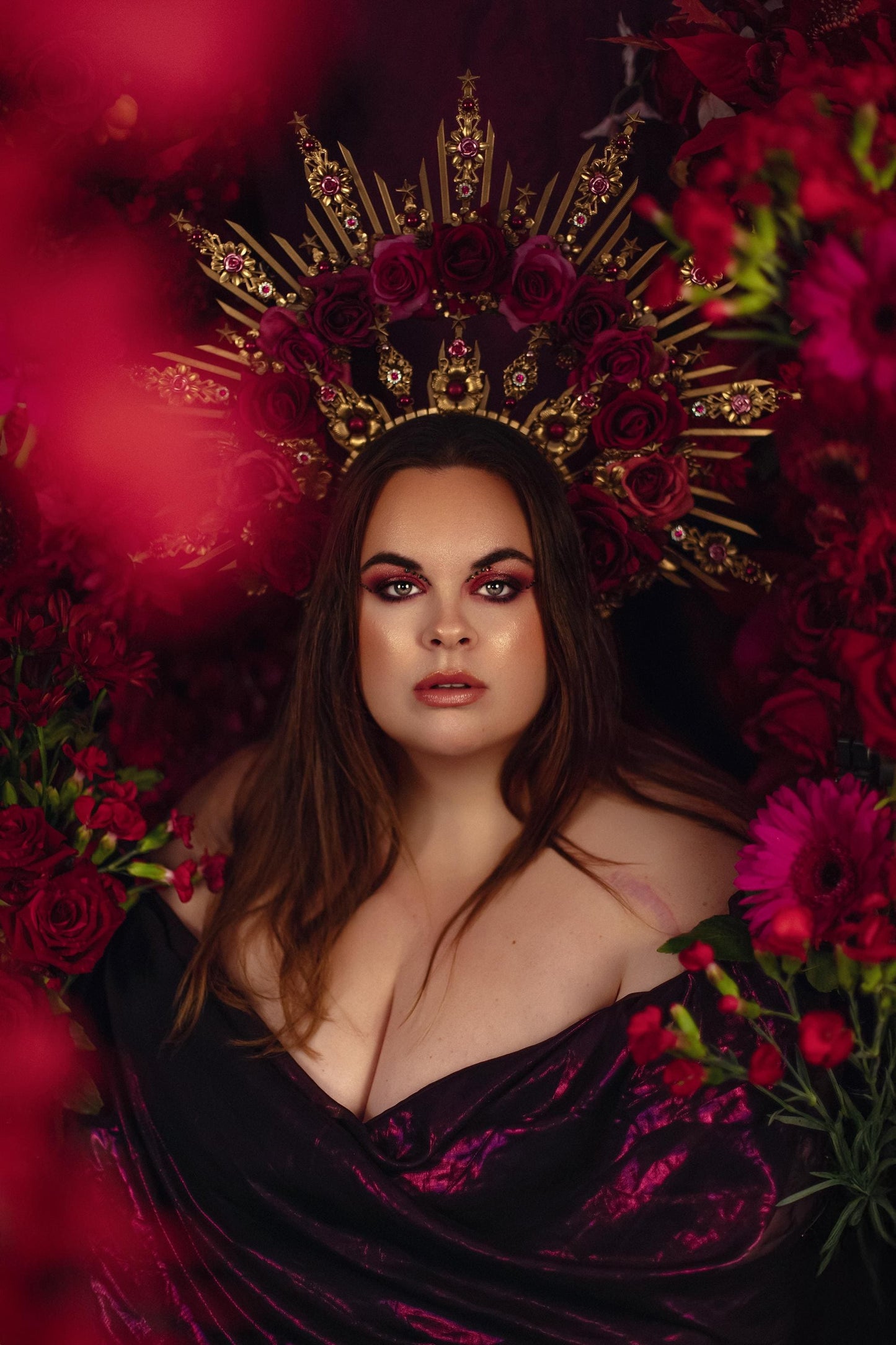 Crimson Rose Goddess Halo Crown Gold Floral Statement Headpiece