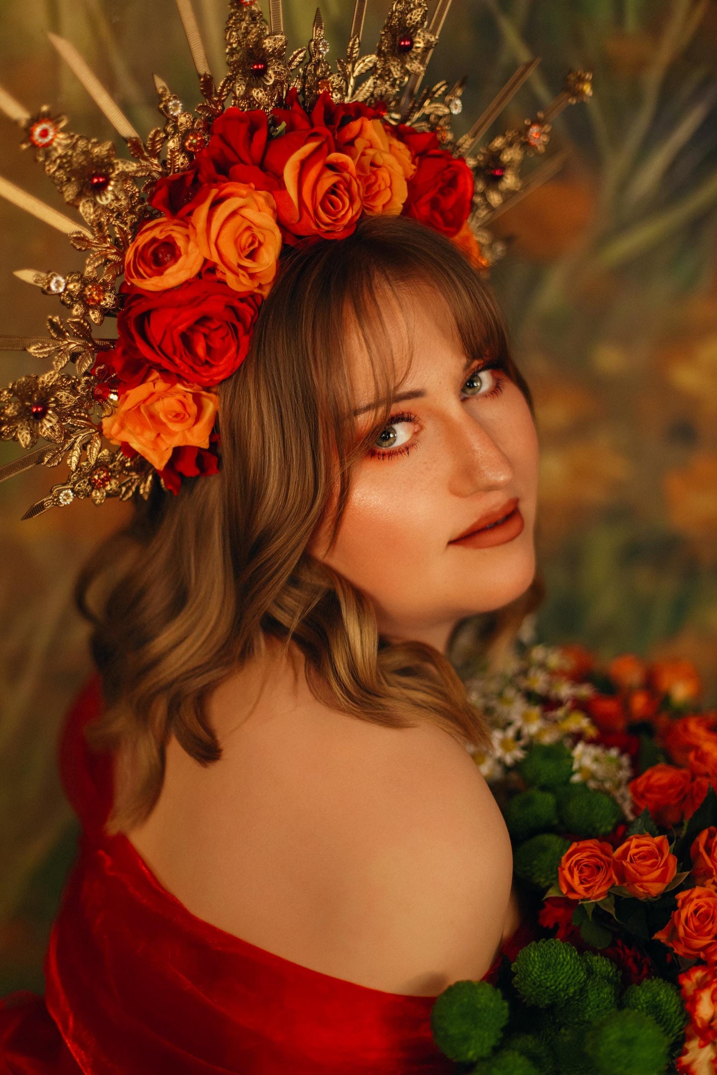 Autumn Flame Halo Crown With Red Orange Roses Gold Spikes