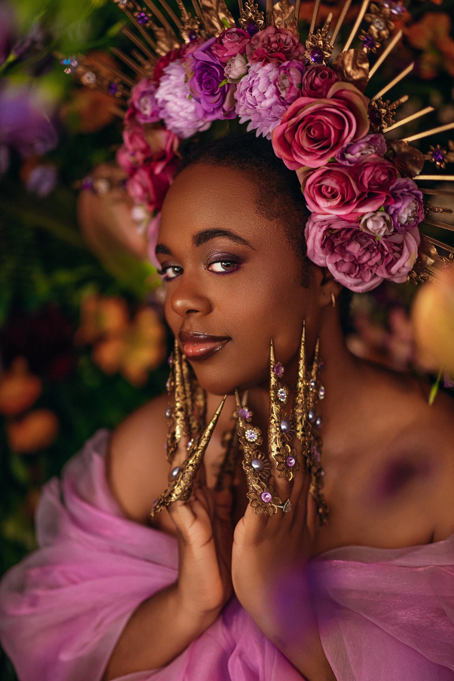 Floral Goddess Halo Crown With Pink Roses Gold Spikes