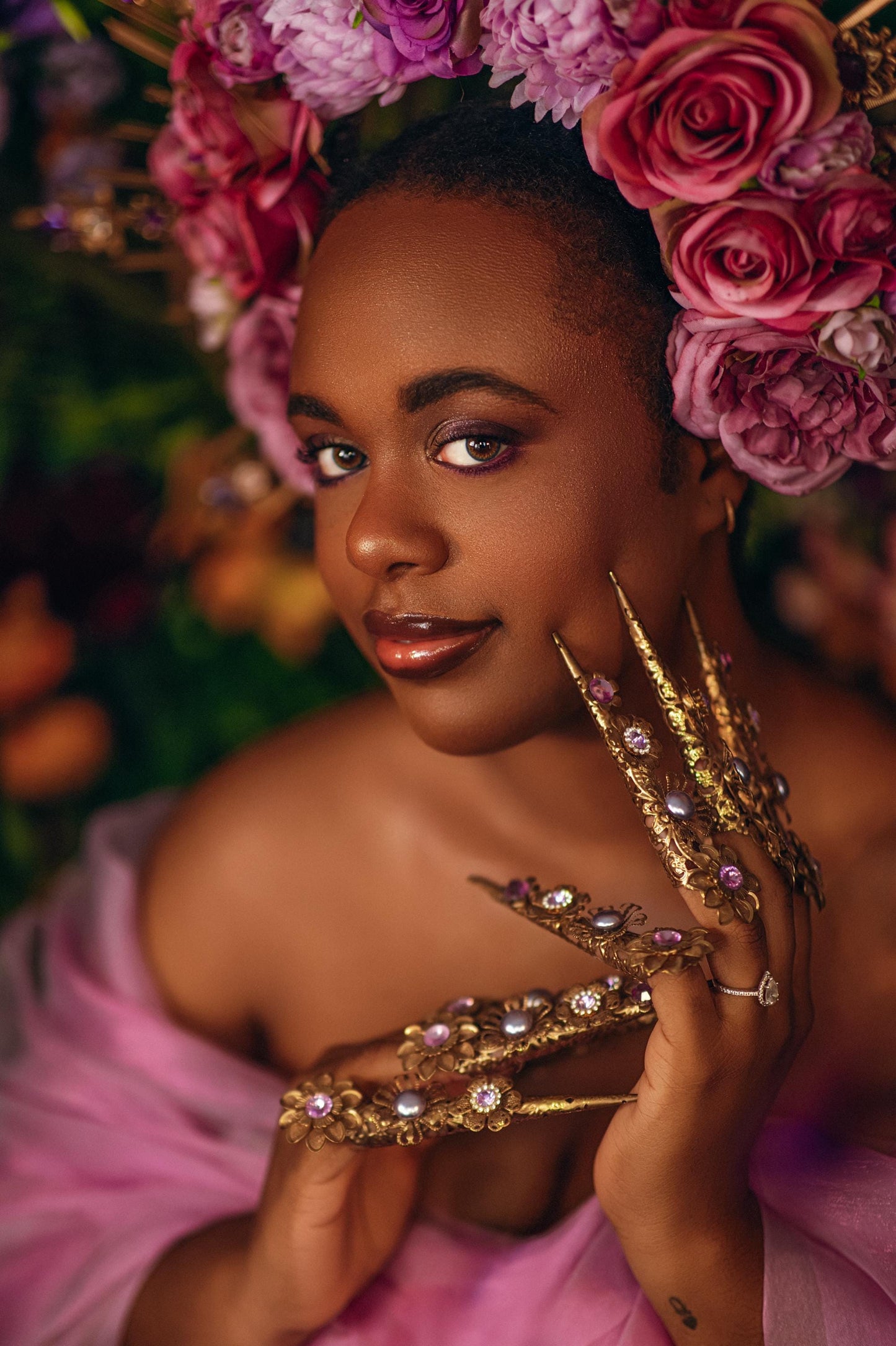 Floral Goddess Halo Crown With Pink Roses Gold Spikes