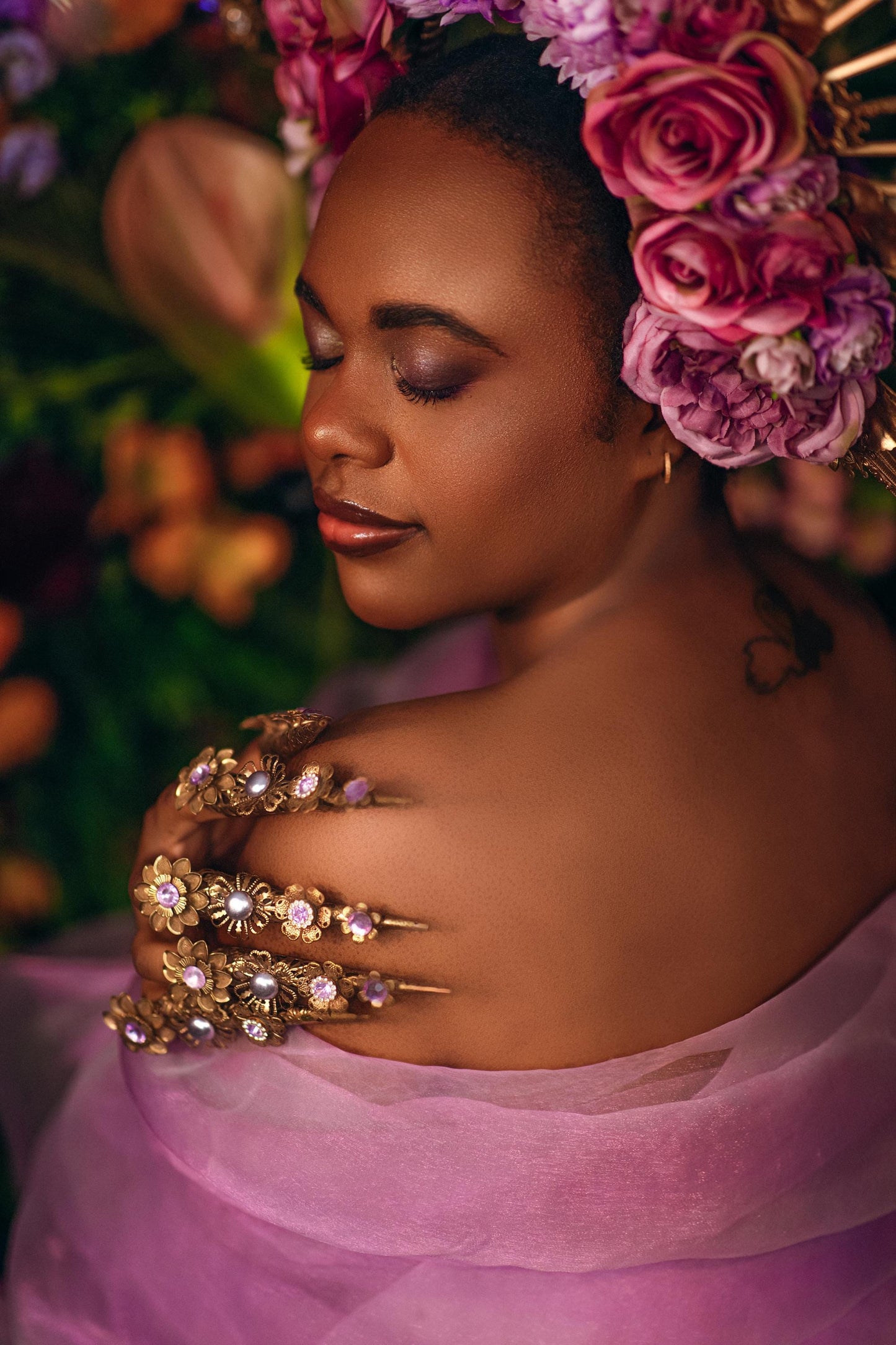 Floral Goddess Halo Crown With Pink Roses Gold Spikes