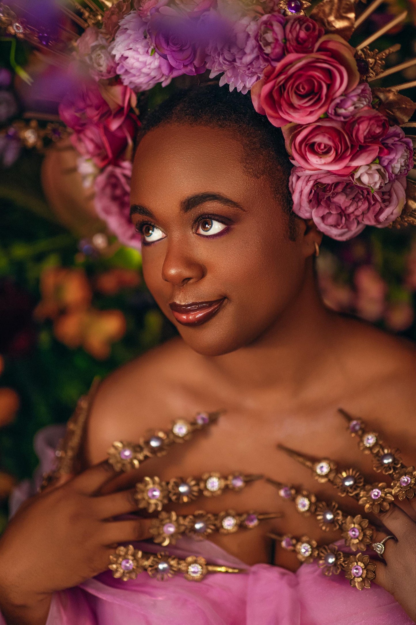 Floral Goddess Halo Crown With Pink Roses Gold Spikes