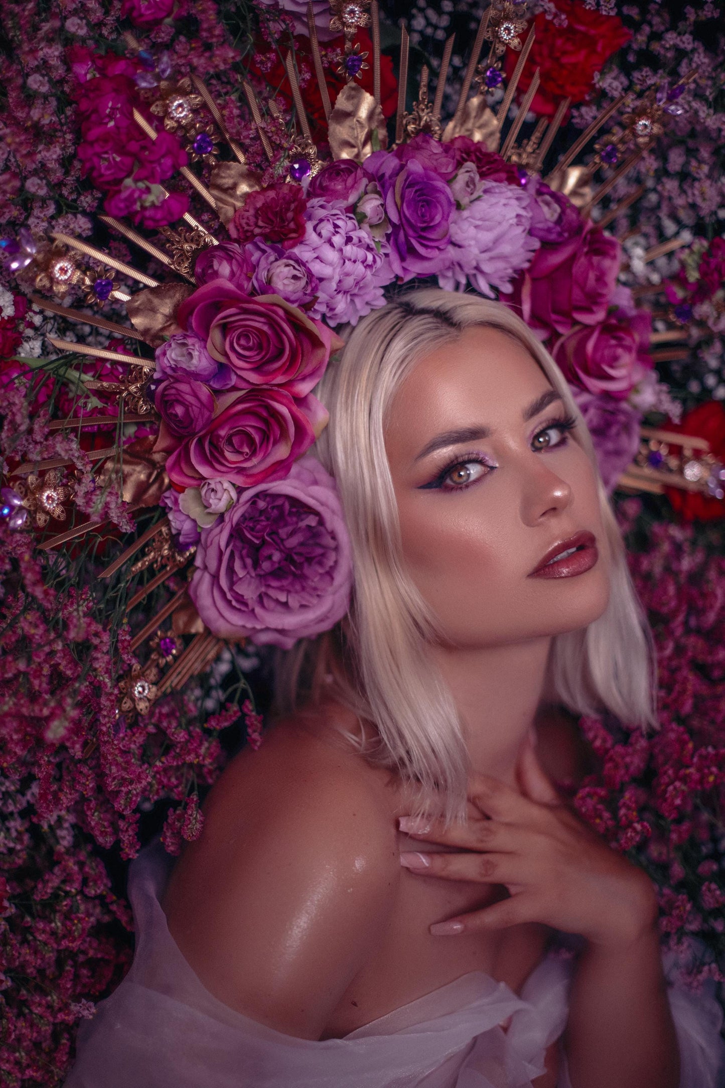 Floral Goddess Halo Crown With Pink Roses Gold Spikes