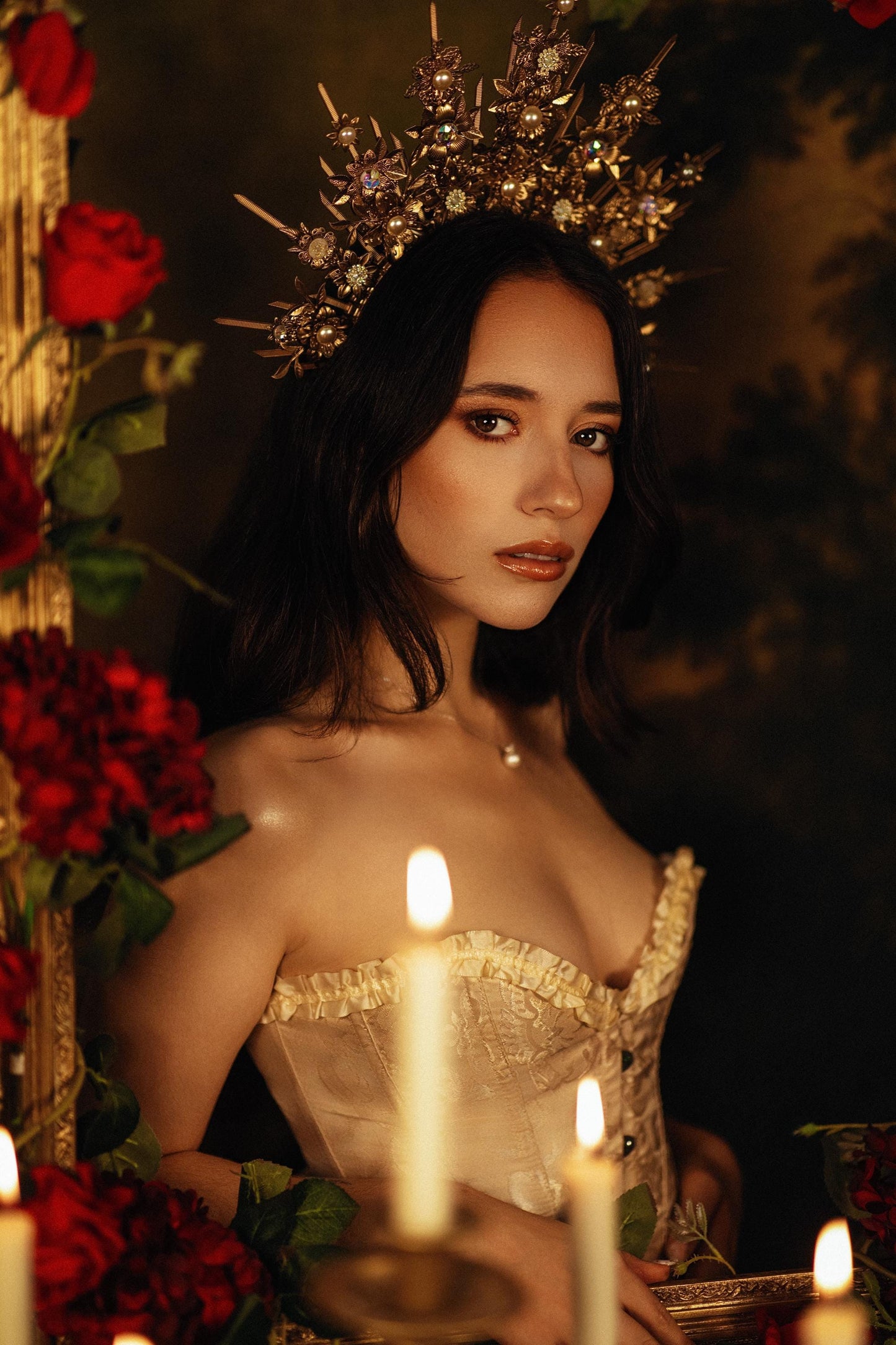 Baroque Floral Masquerade Halo Crown Golden Goddess Headpiece