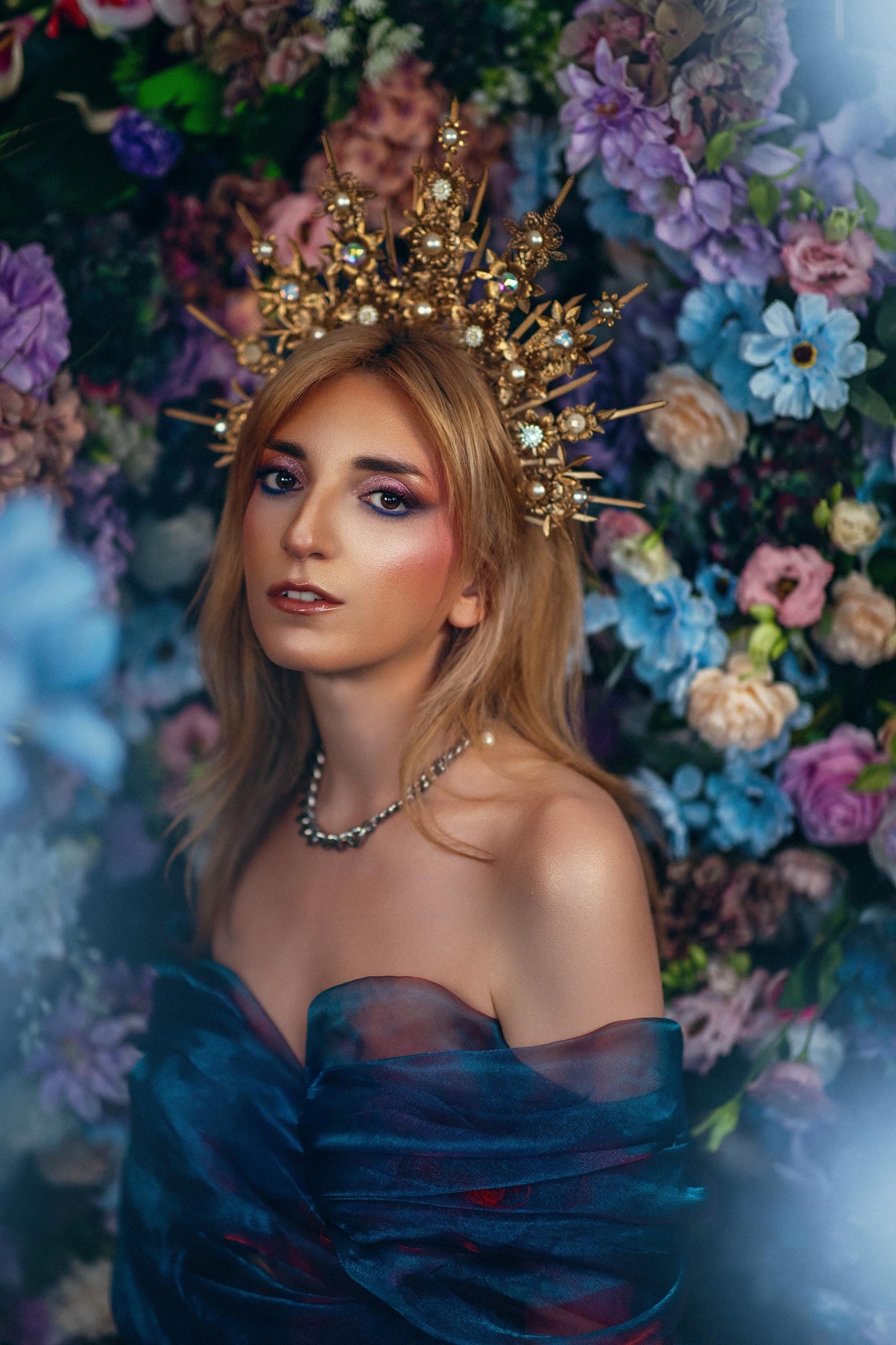 Baroque Floral Masquerade Halo Crown Golden Goddess Headpiece