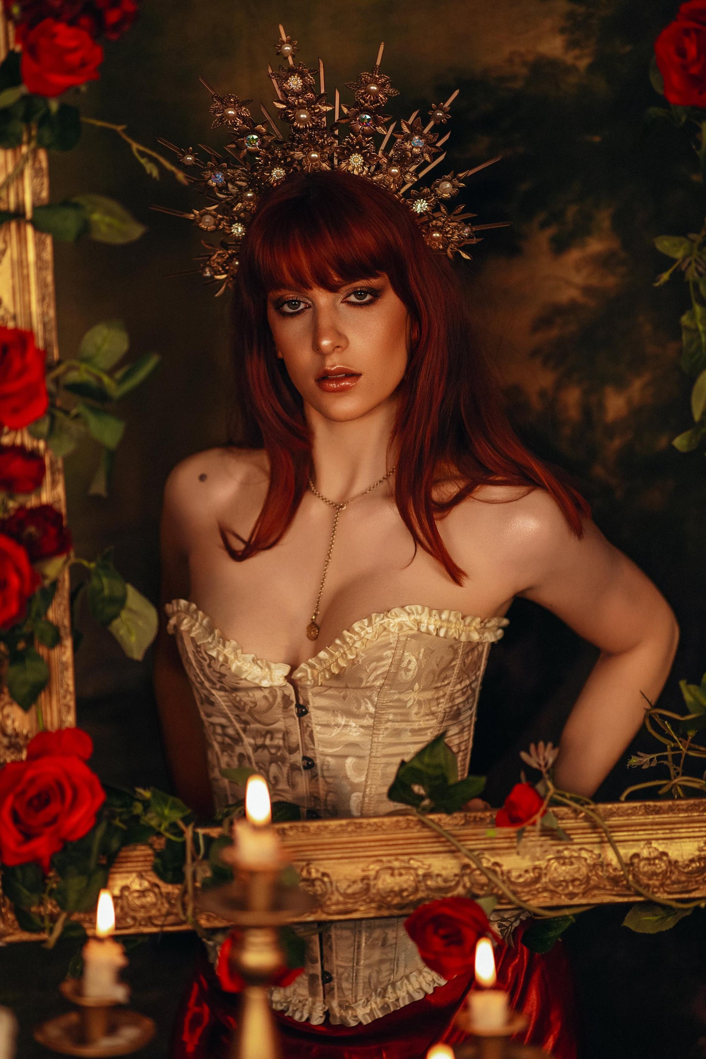 Baroque Floral Masquerade Halo Crown Golden Goddess Headpiece
