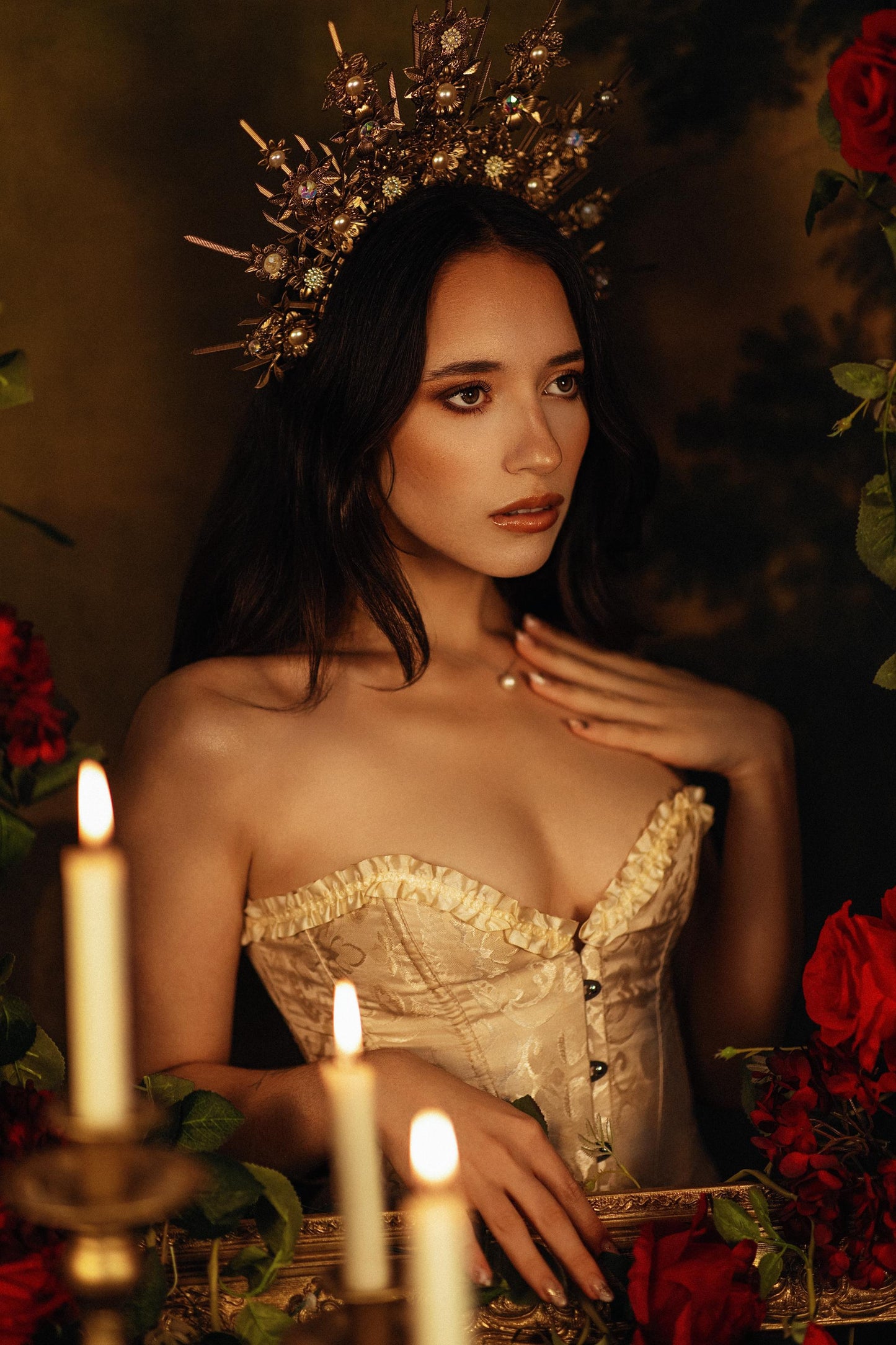Baroque Floral Masquerade Halo Crown Golden Goddess Headpiece