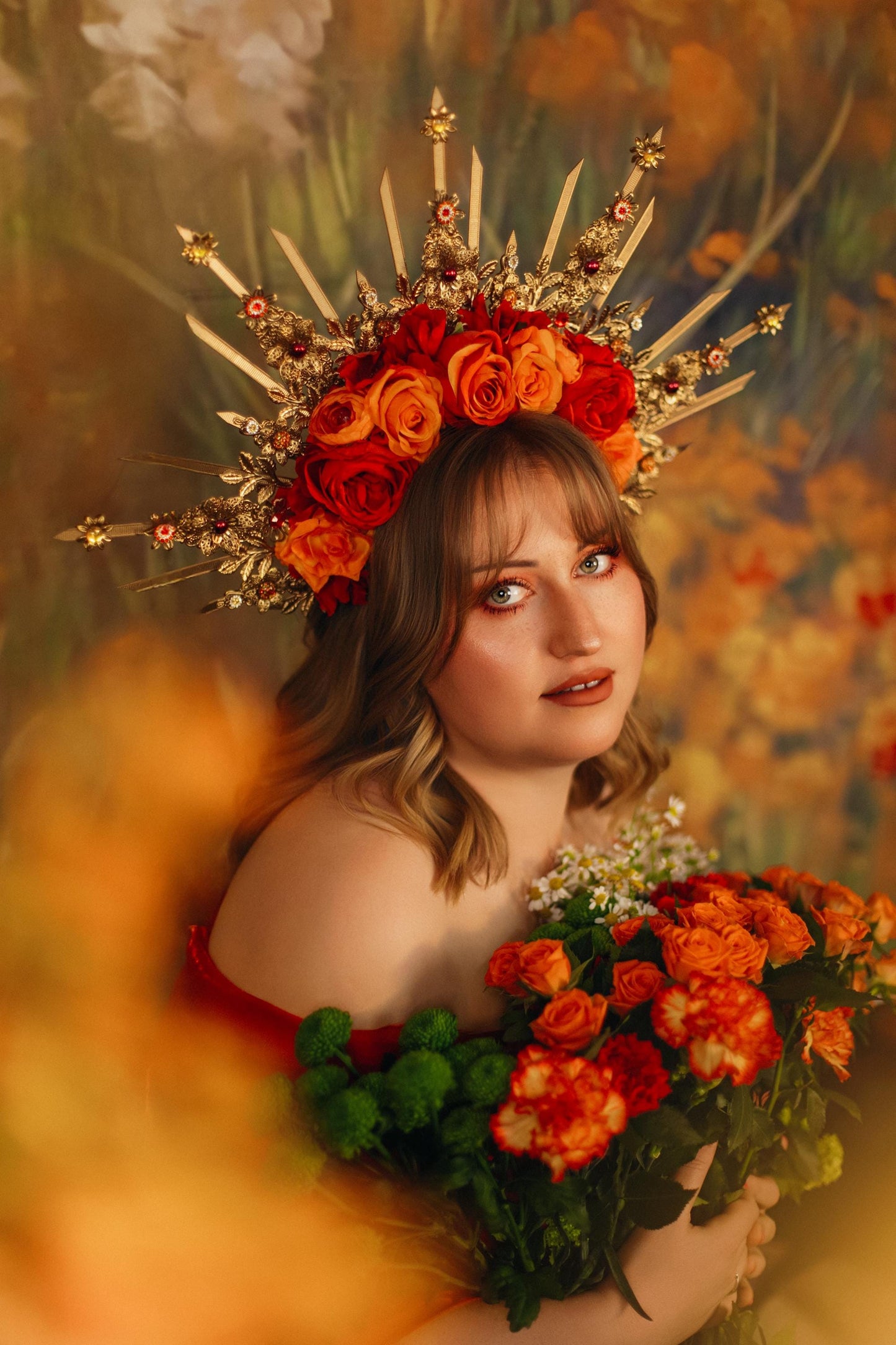 Autumn Flame Halo Crown With Red Orange Roses Gold Spikes