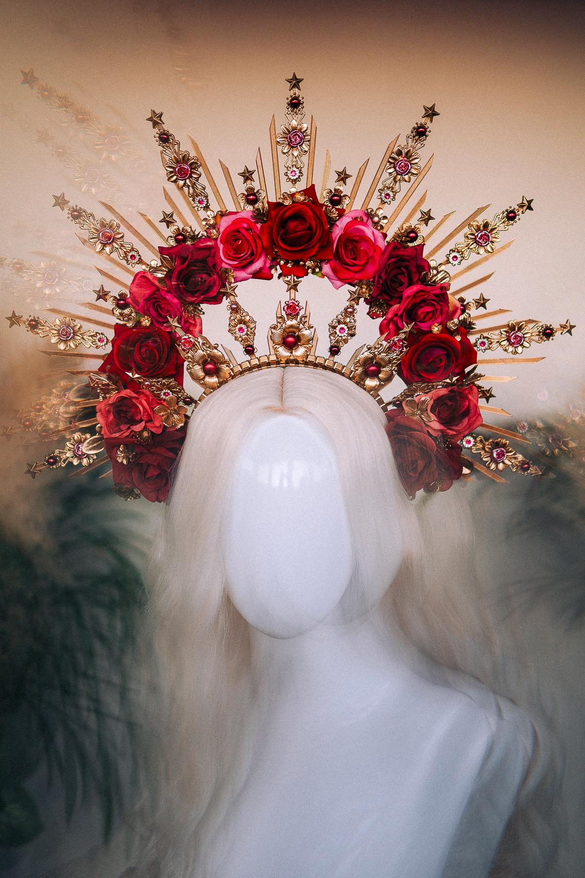 Crimson Rose Goddess Halo Crown Gold Floral Statement Headpiece