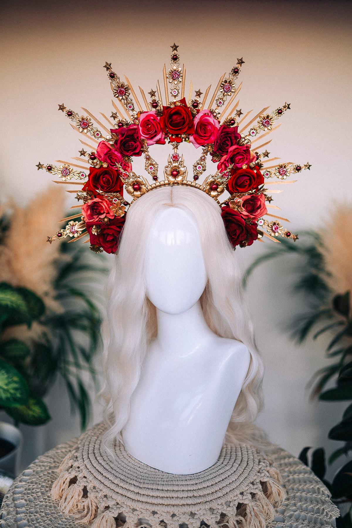 Crimson Rose Goddess Halo Crown Gold Floral Statement Headpiece