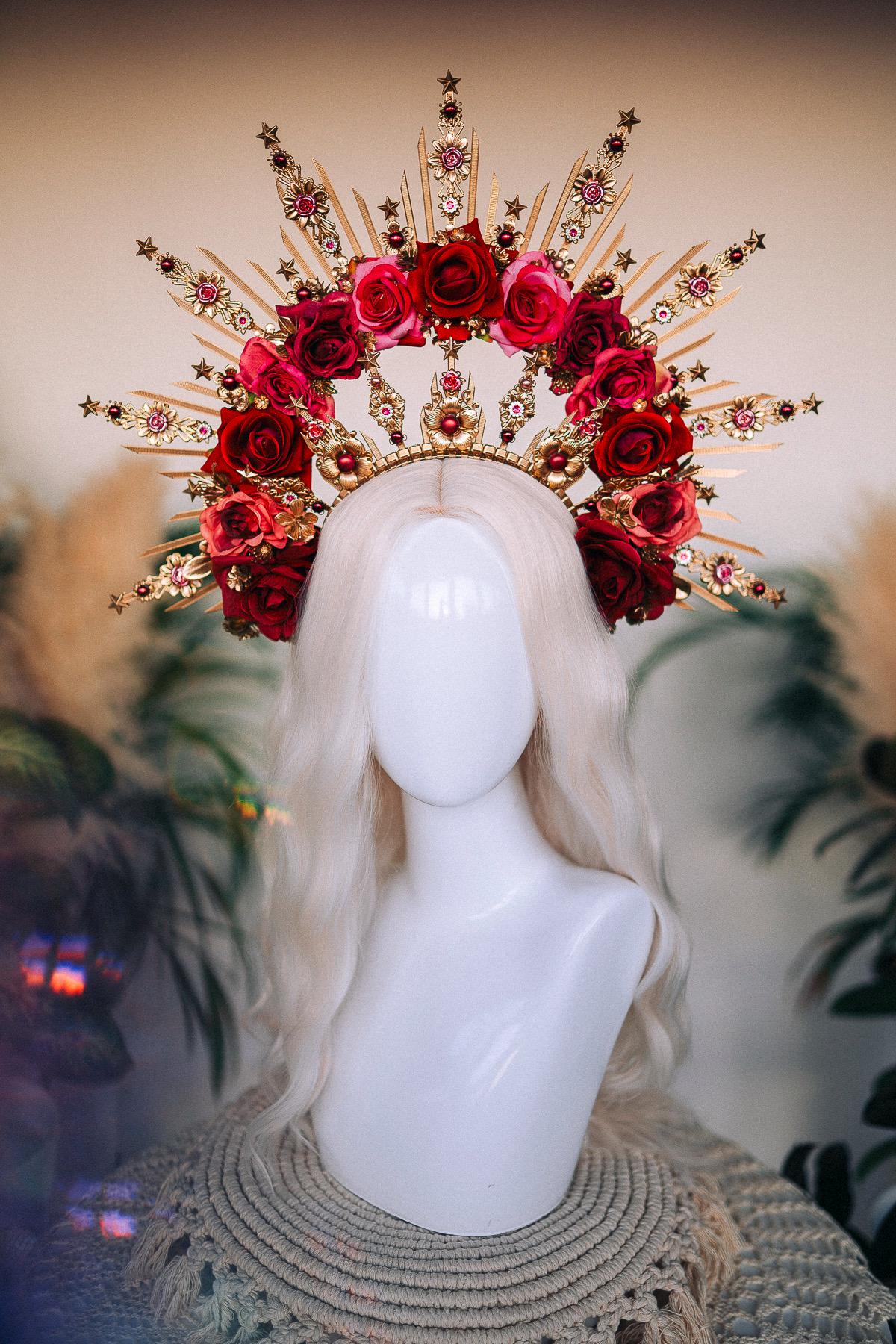 Crimson Rose Goddess Halo Crown Gold Floral Statement Headpiece