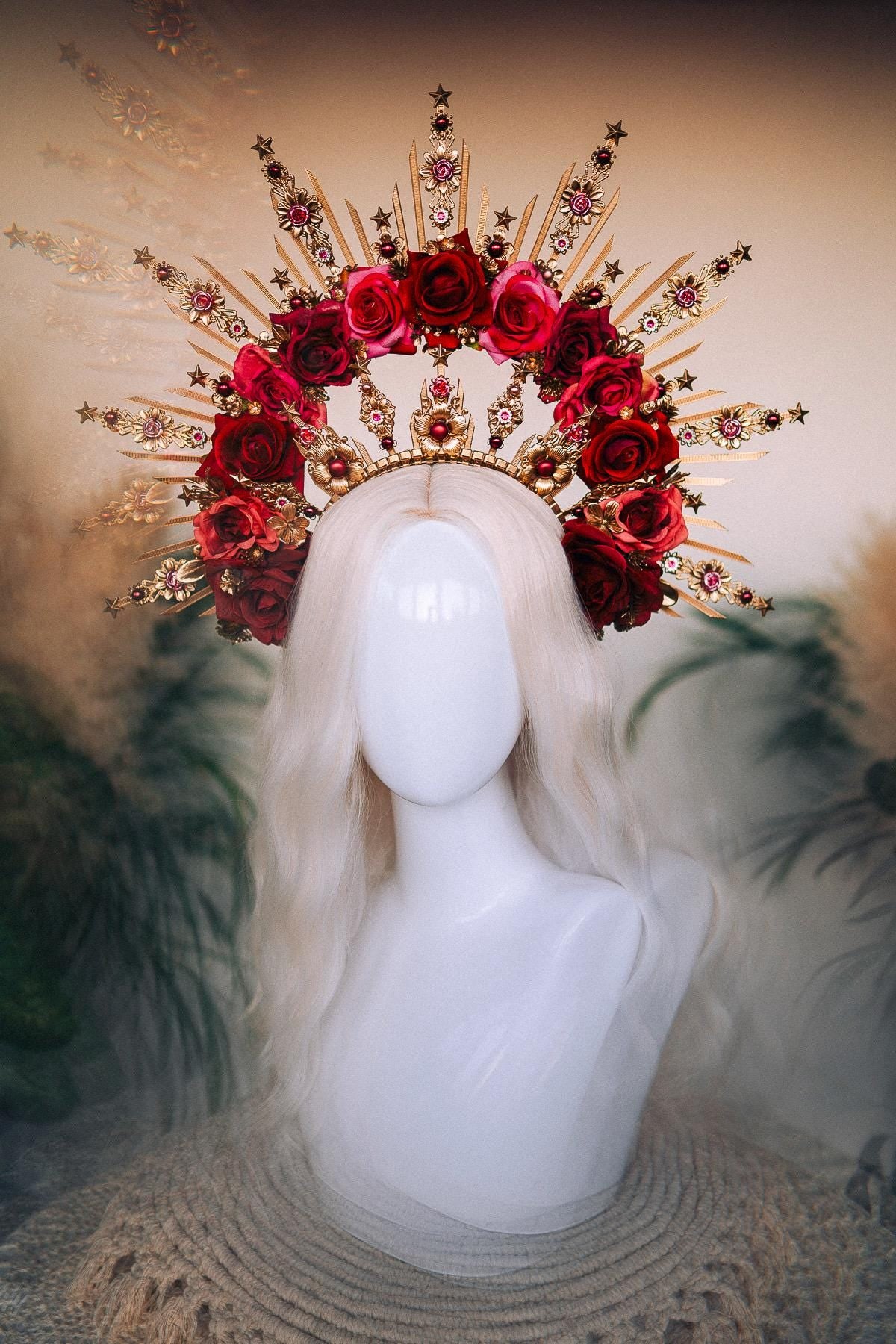 Crimson Rose Goddess Halo Crown Gold Floral Statement Headpiece