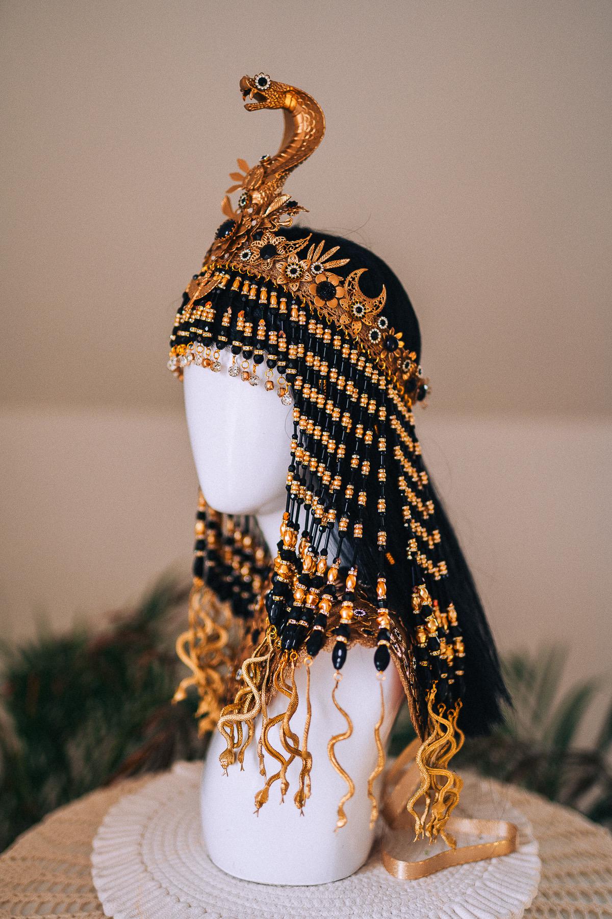 Royal Cleopatra Serpent Crown Gold Egyptian Goddess Headpiece Pearl Snake Tiara Festival Costume Accessory