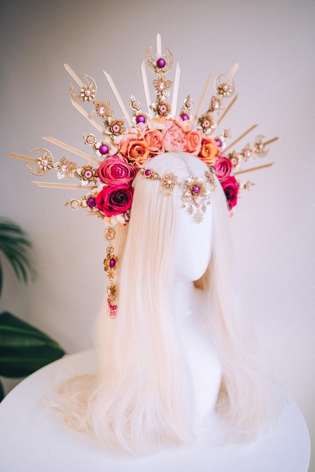 Floral Goddess Halo Crown Gold Pink Roses Celestial Headpiece