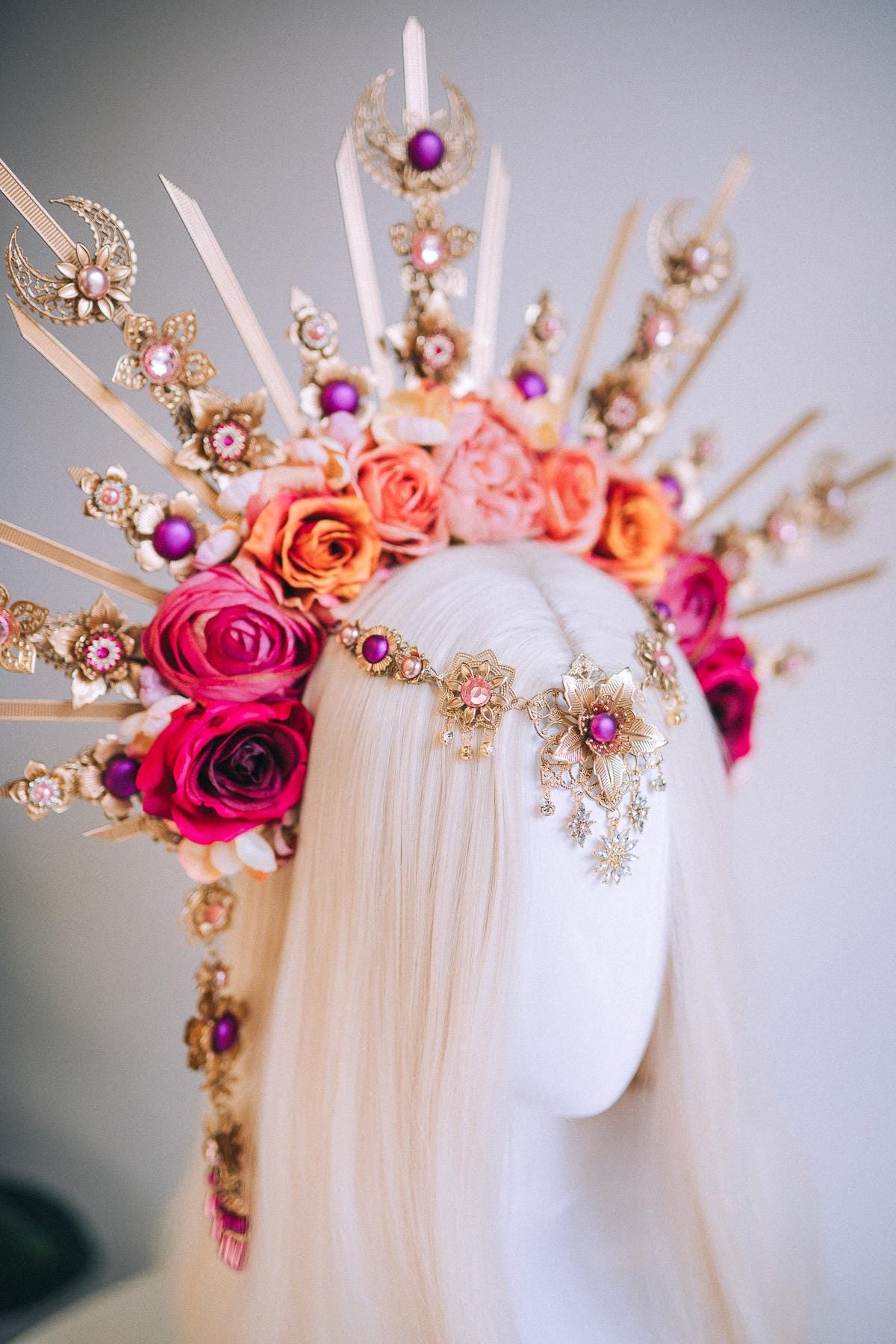 Floral Goddess Halo Crown Gold Pink Roses Celestial Headpiece