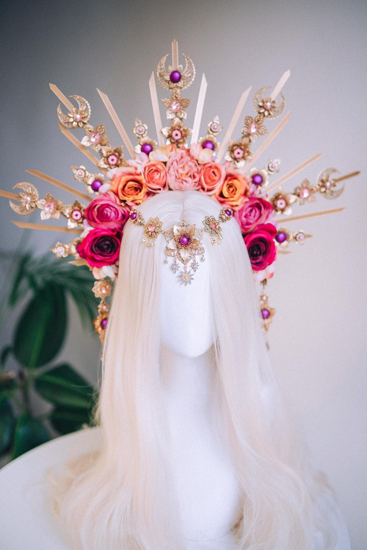 Floral Goddess Halo Crown Gold Pink Roses Celestial Headpiece