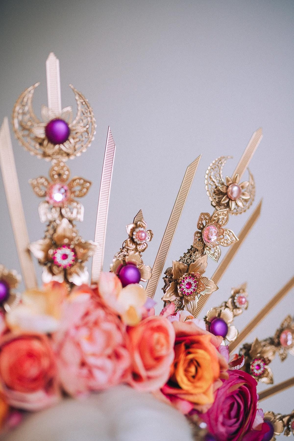 Floral Goddess Halo Crown Gold Pink Roses Celestial Headpiece