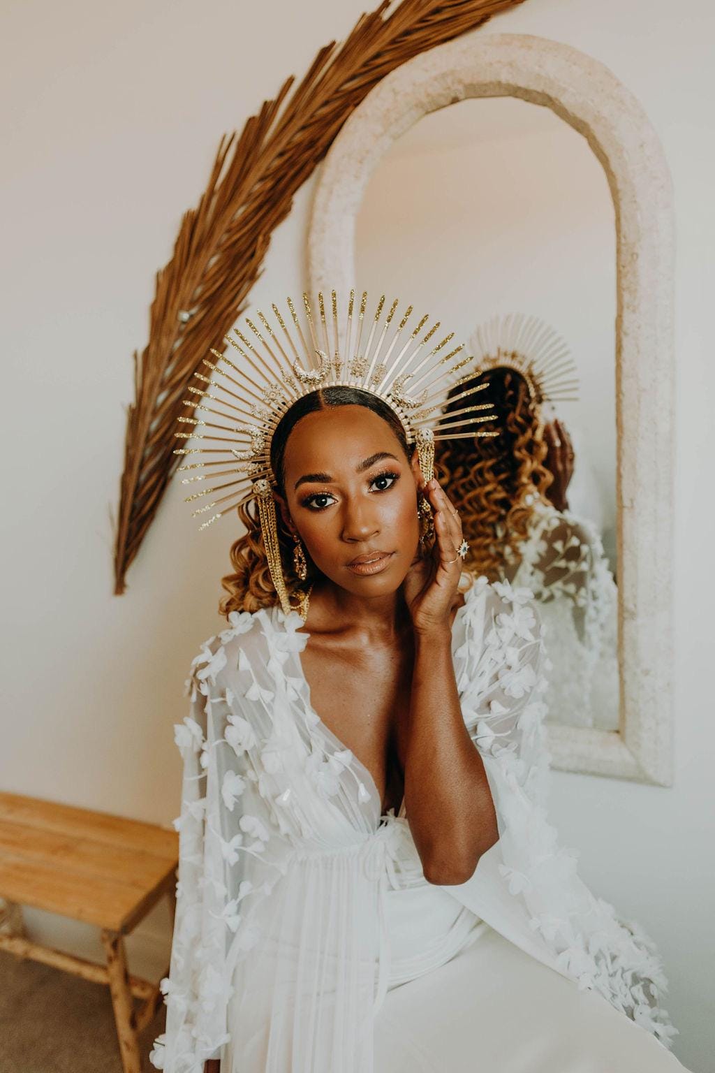 Golden Goddess Halo Crown Bridal Headpiece Celestial Wedding Crown