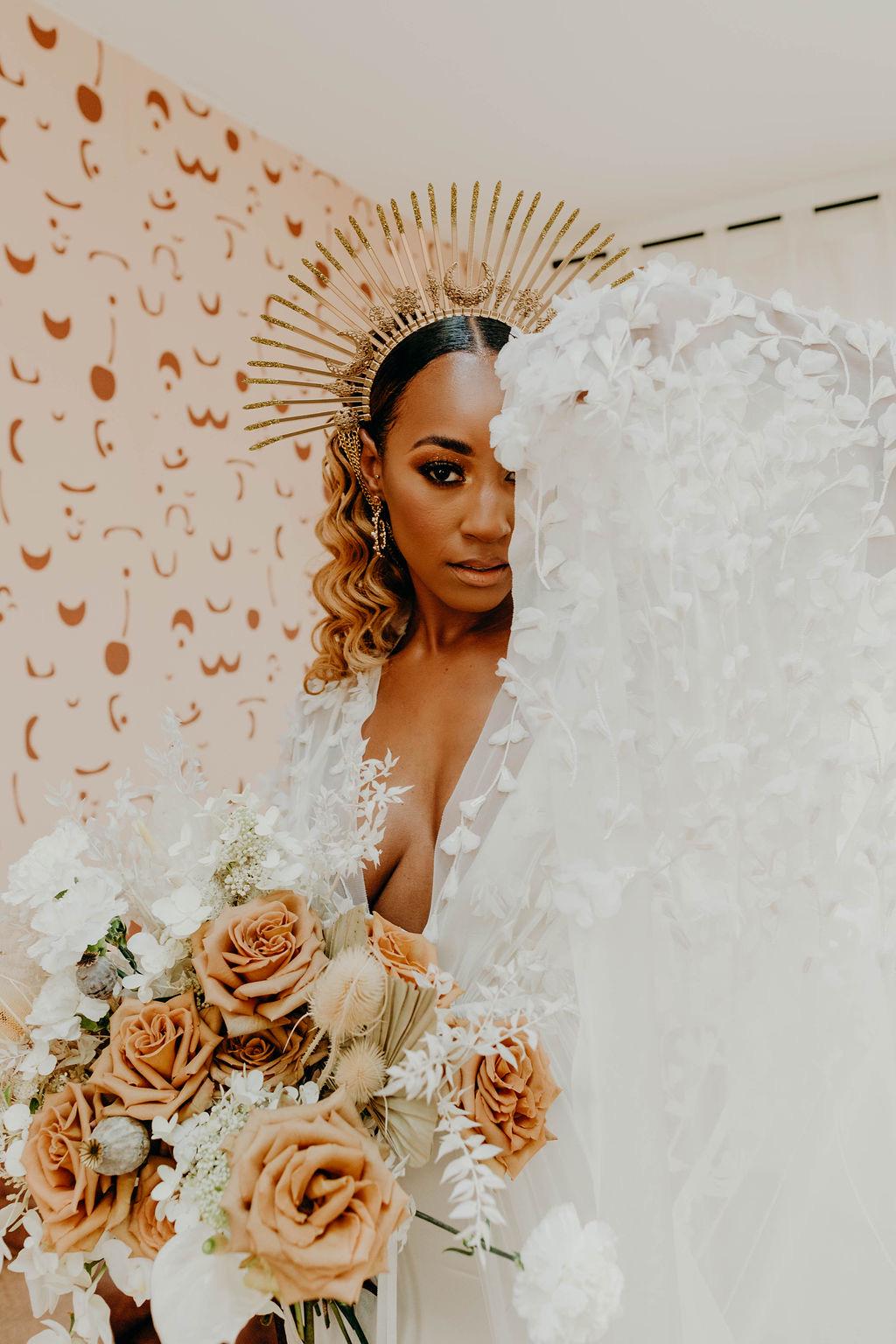 Golden Goddess Halo Crown Bridal Headpiece Celestial Wedding Crown